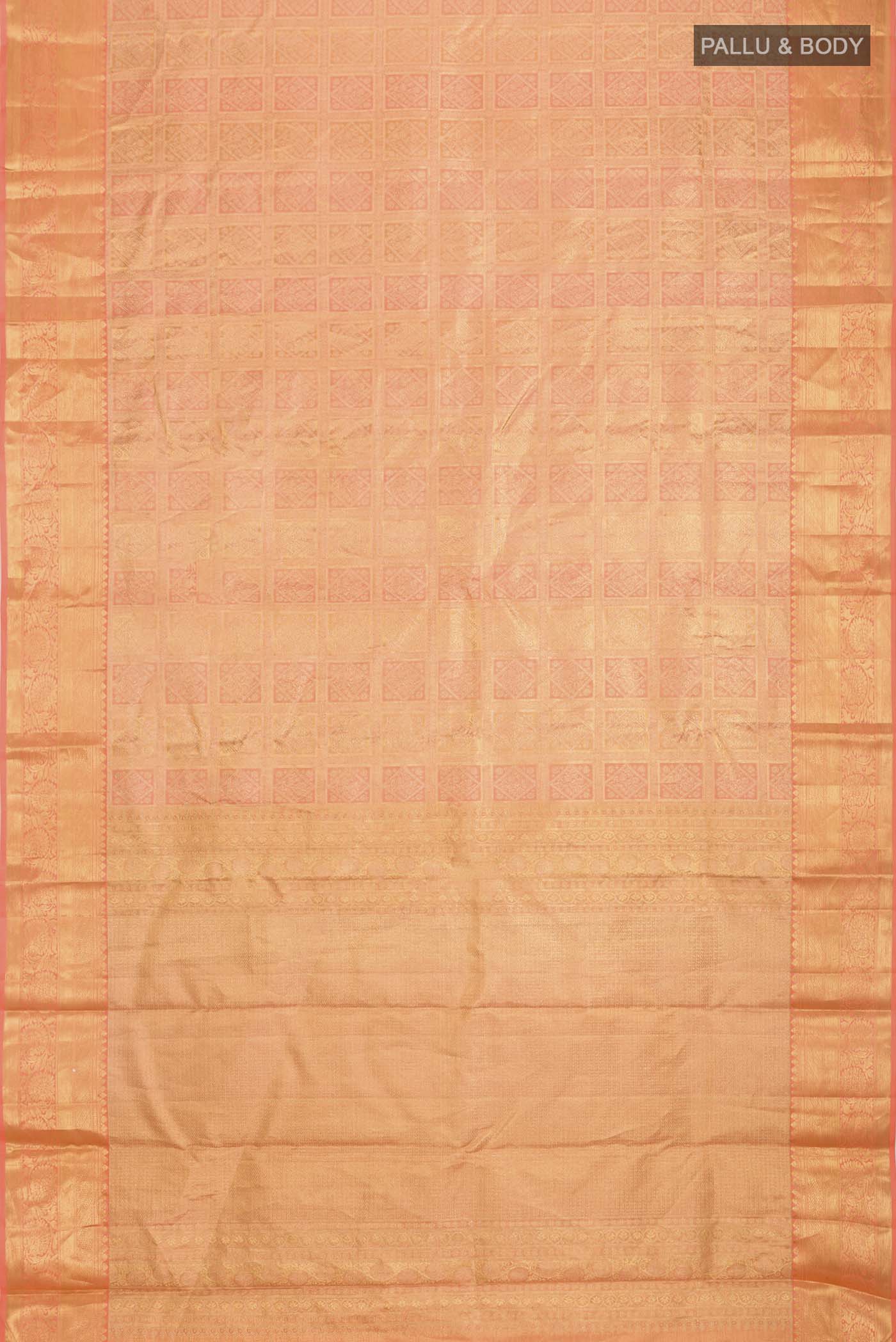 Coral with Gold Color Kanjivaram Tissue Silk Saree - Image 6
