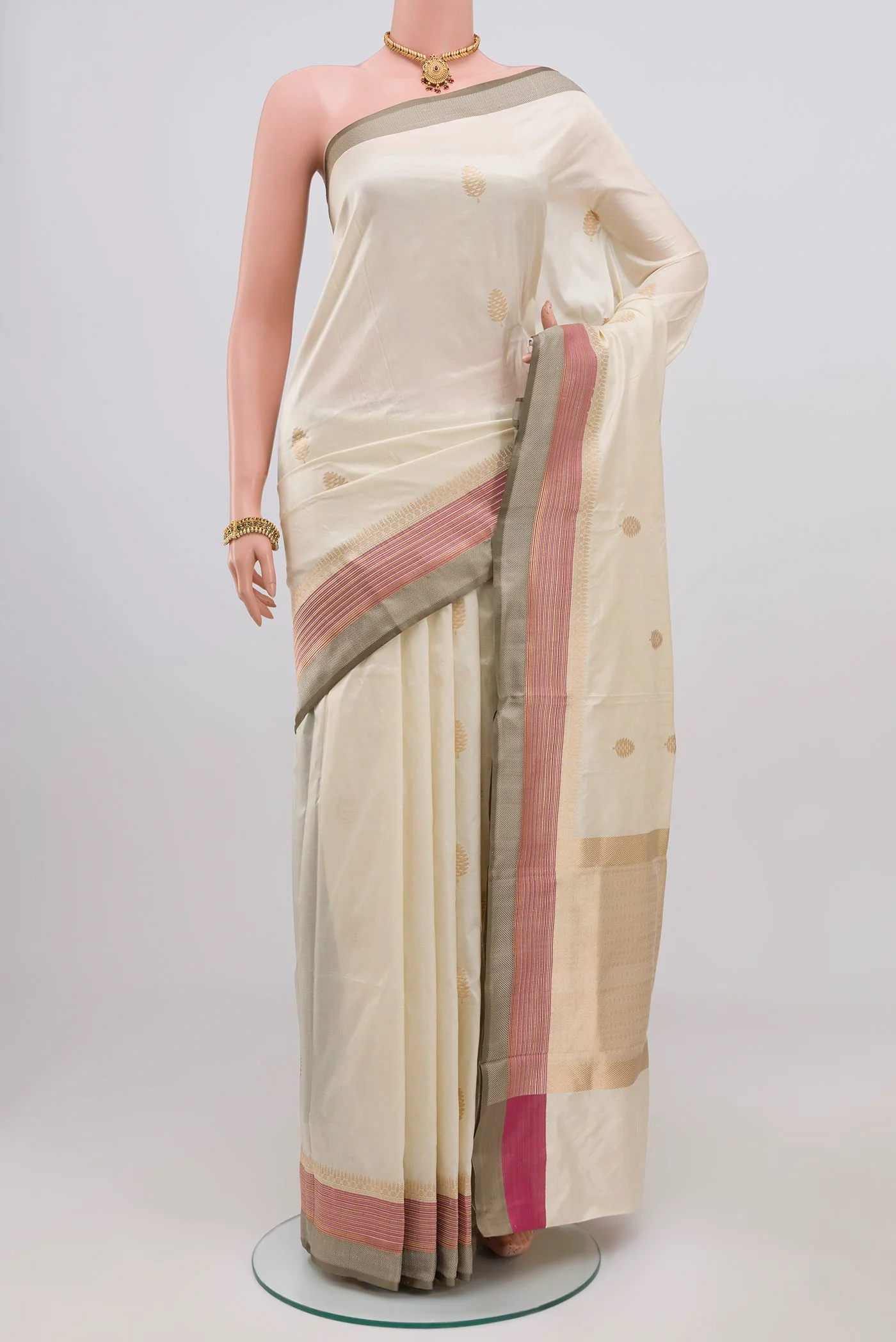 Cream Banarasi Katan Silk Saree