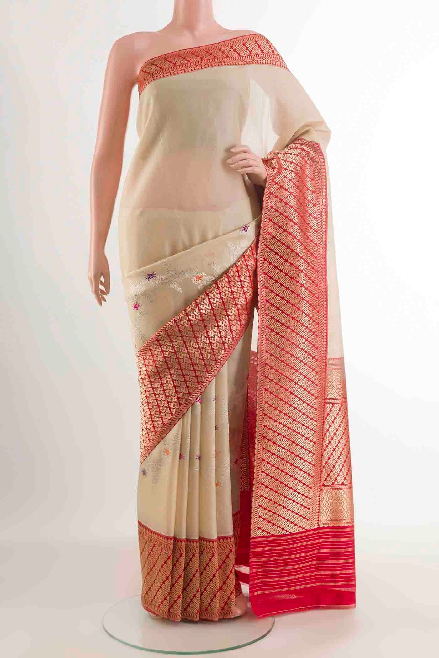 Cream Banarasi Kora Silk Saree