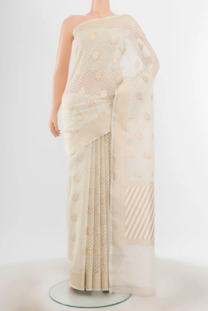 Cream Banarasi Kora Silk Saree