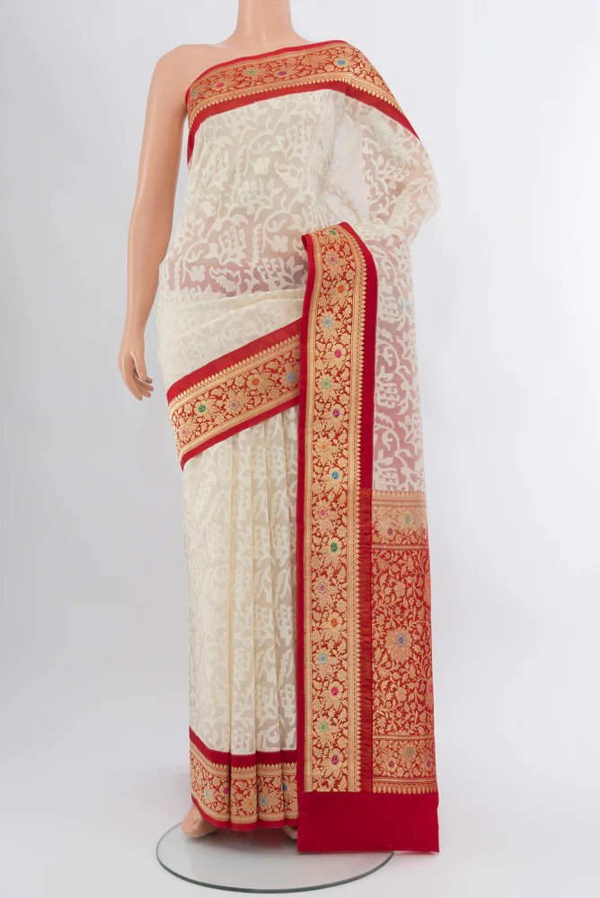 Off White Banarasi Kora Silk Saree