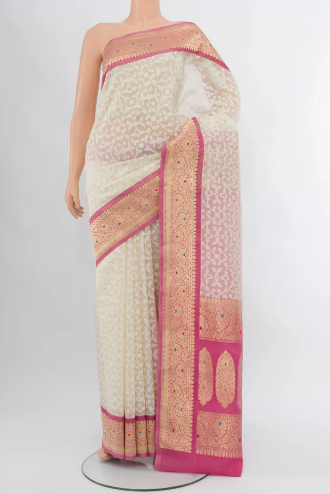 Cream Banarasi Kora Silk Saree