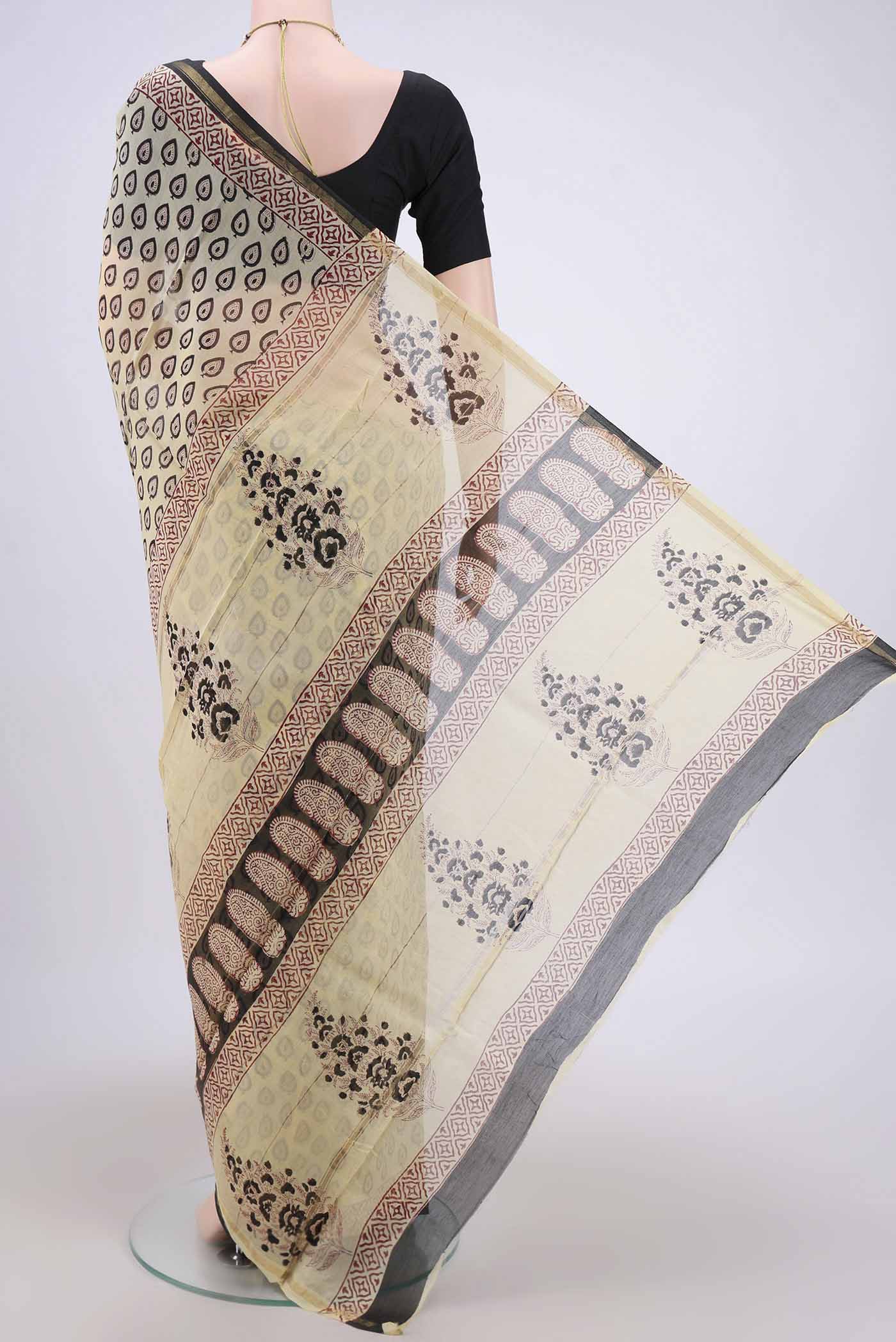 Cream Chanderi Silk Cotton Saree - Image 3