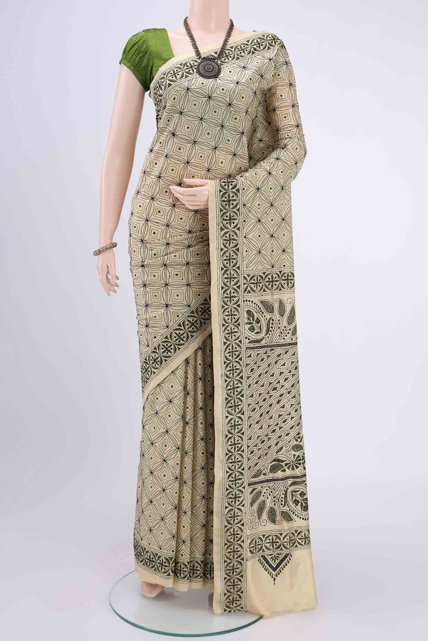 Beige Kantha Silk Saree