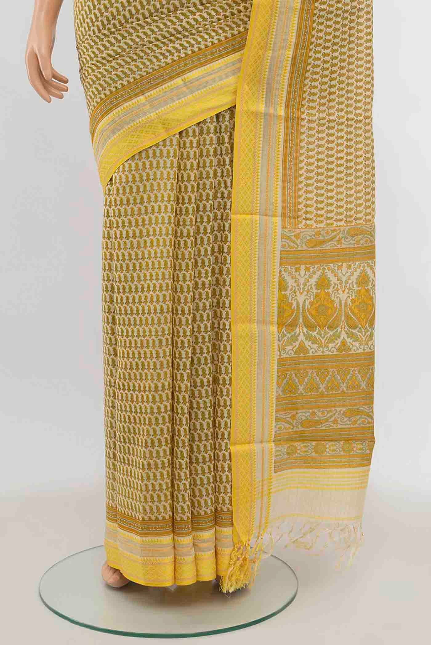 Cream Maheshwari Silk Cotton Saree - Image 3