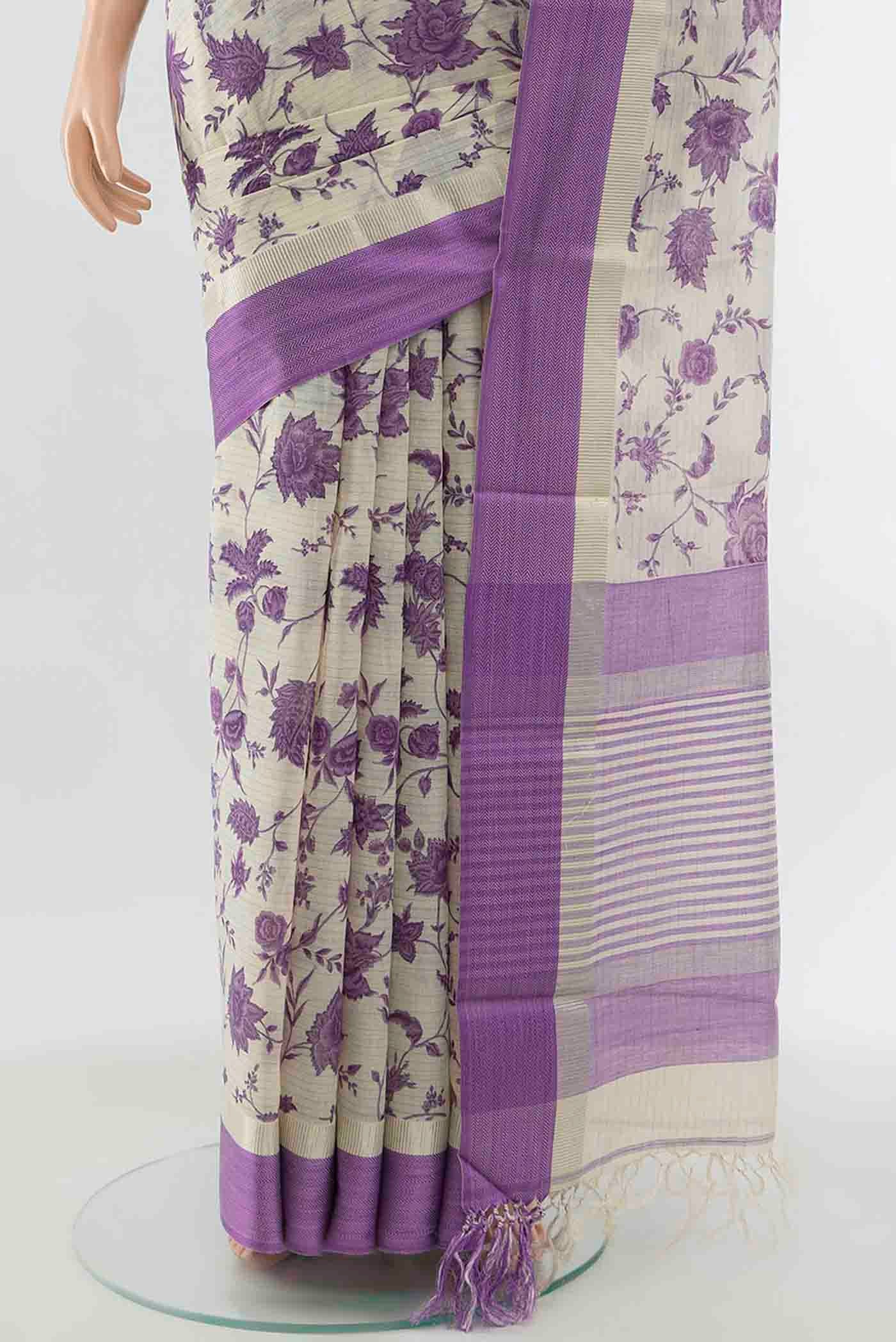 Cream Tussar Silk Saree - Image 3