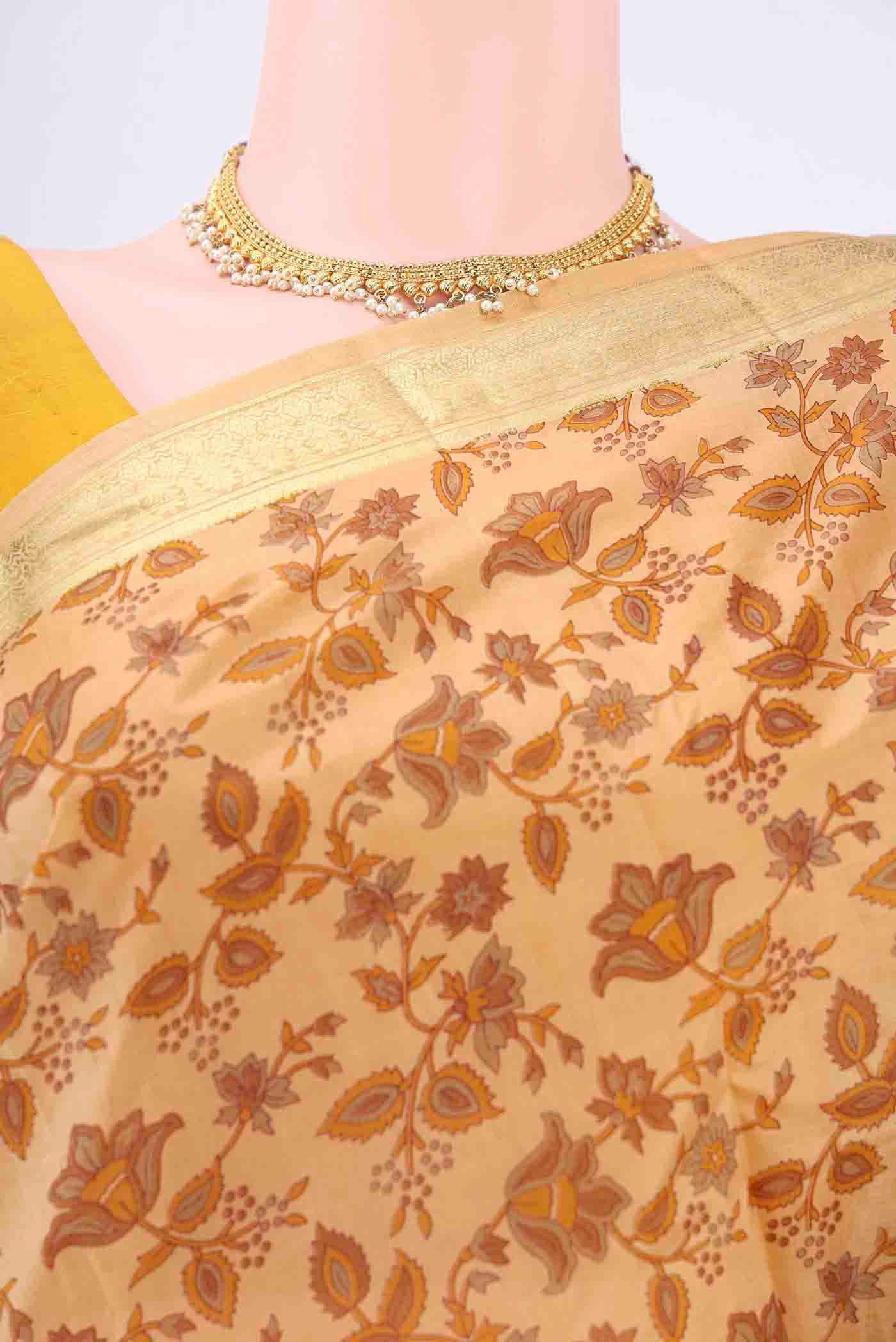 Cream Printed Silk Saree - Image 2