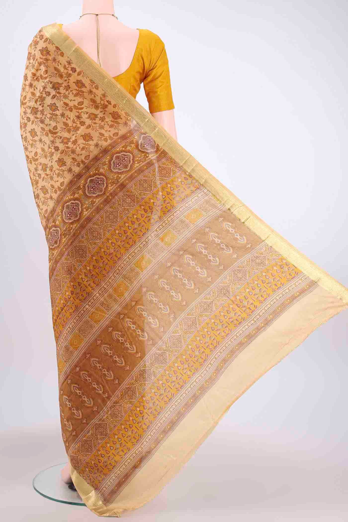 Cream Printed Silk Saree - Image 3