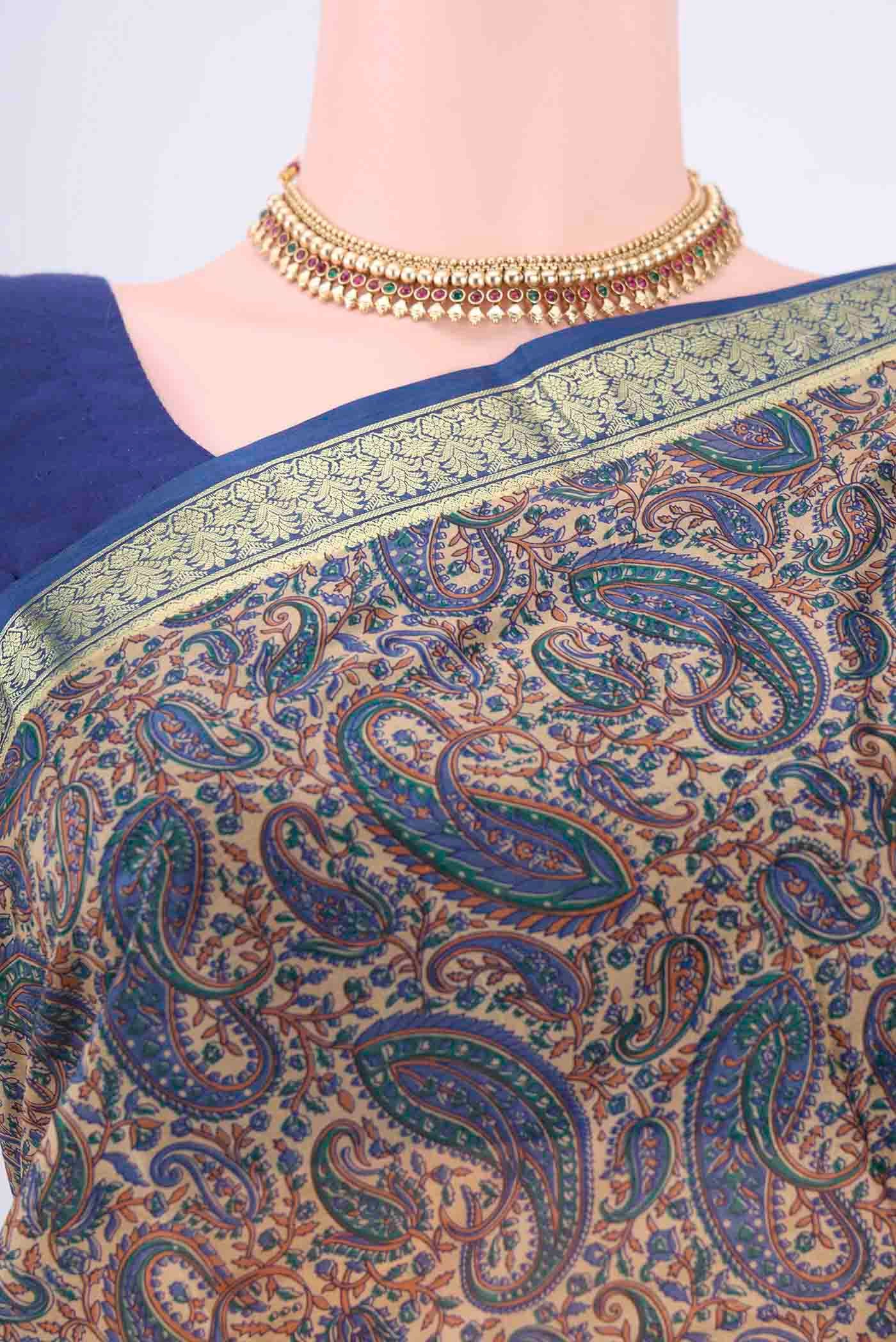 Cream Printed Silk Saree - Image 2