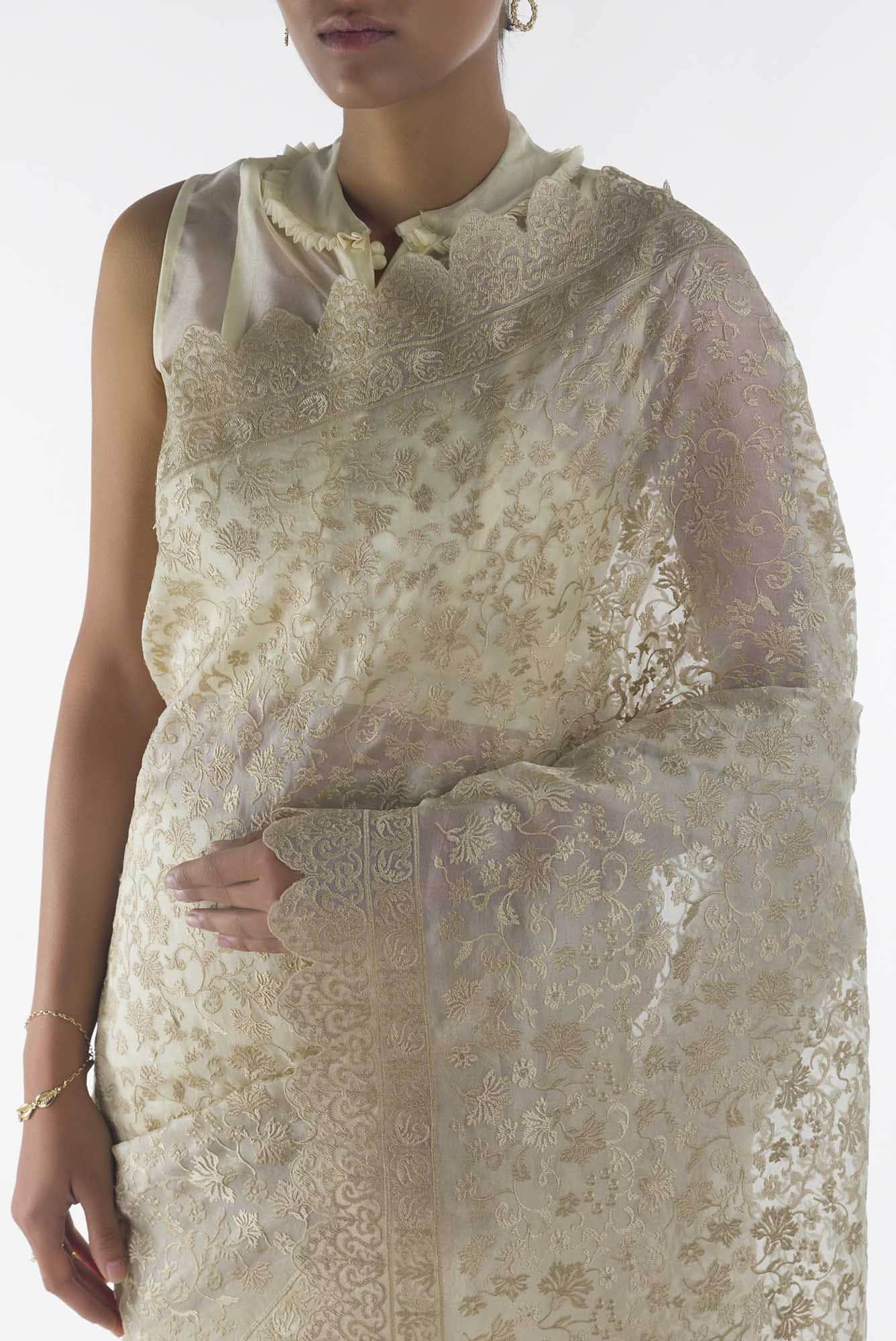 Iris waltz Cream floral design saree from Embroidered Romance Collection by Nalli - Image 2