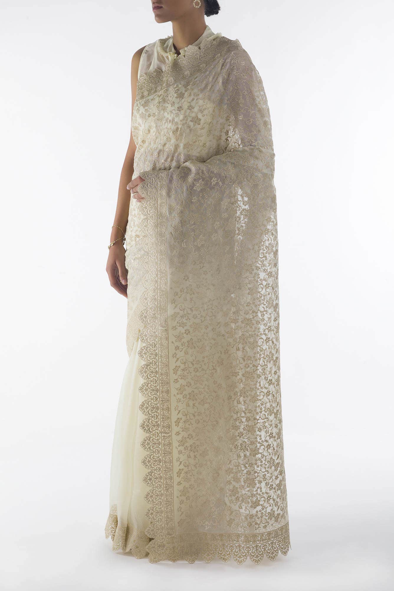 Iris waltz Cream floral design saree from Embroidered Romance Collection by Nalli - Image 6