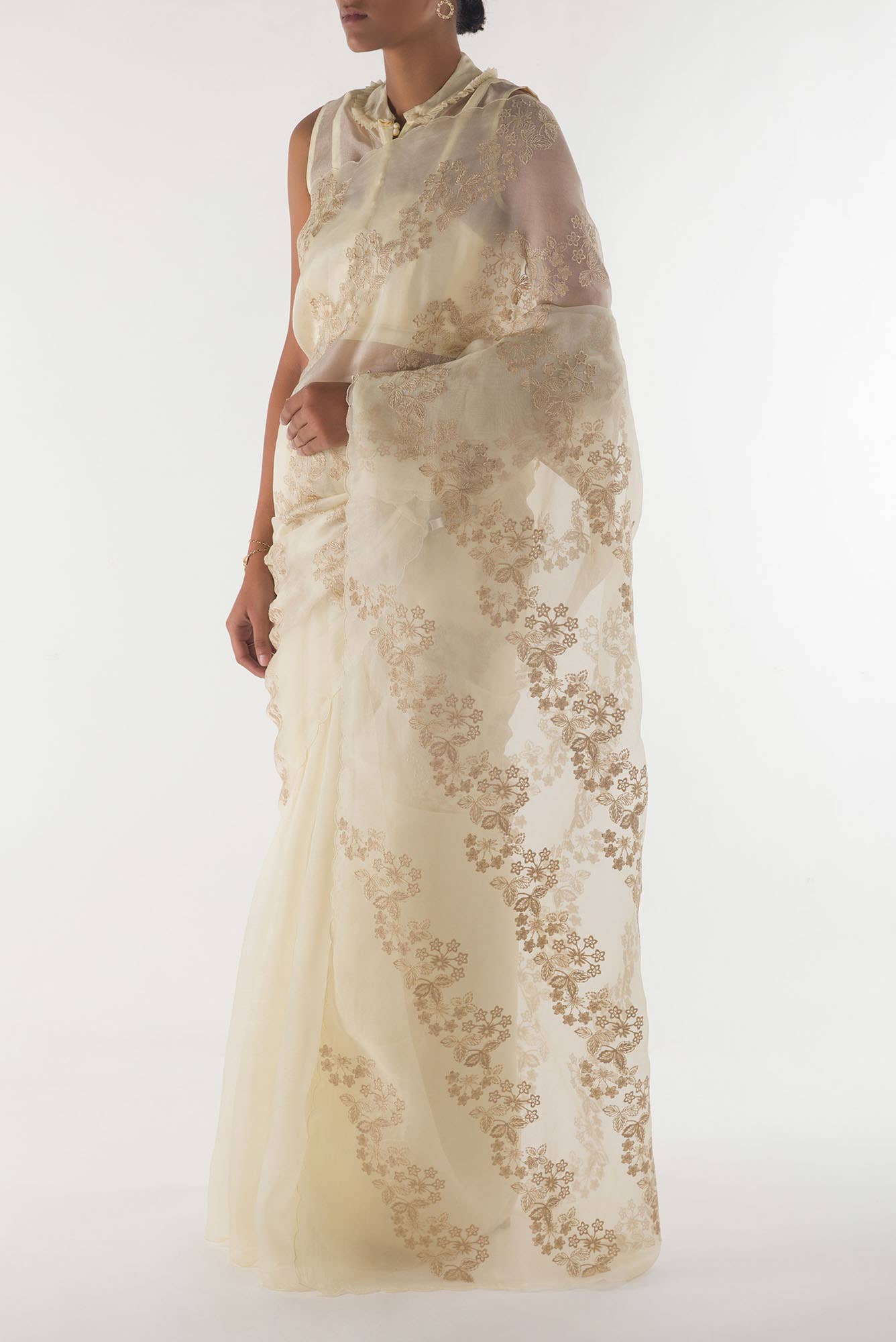 Bella Cream floral design saree from Embroidered Romance Collection by Nalli - Image 3
