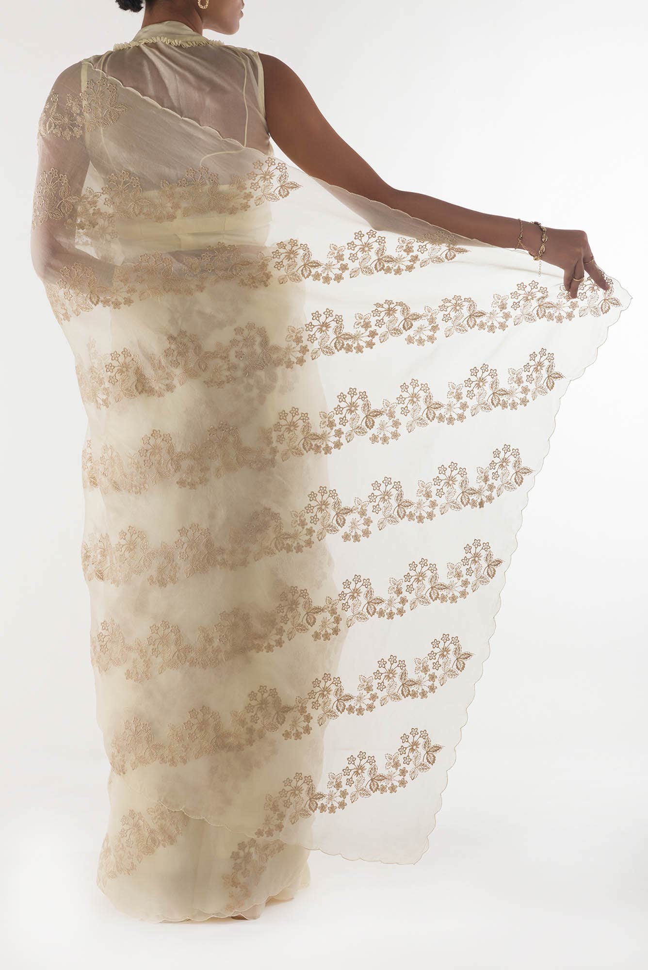 Bella Cream floral design saree from Embroidered Romance Collection by Nalli - Image 5