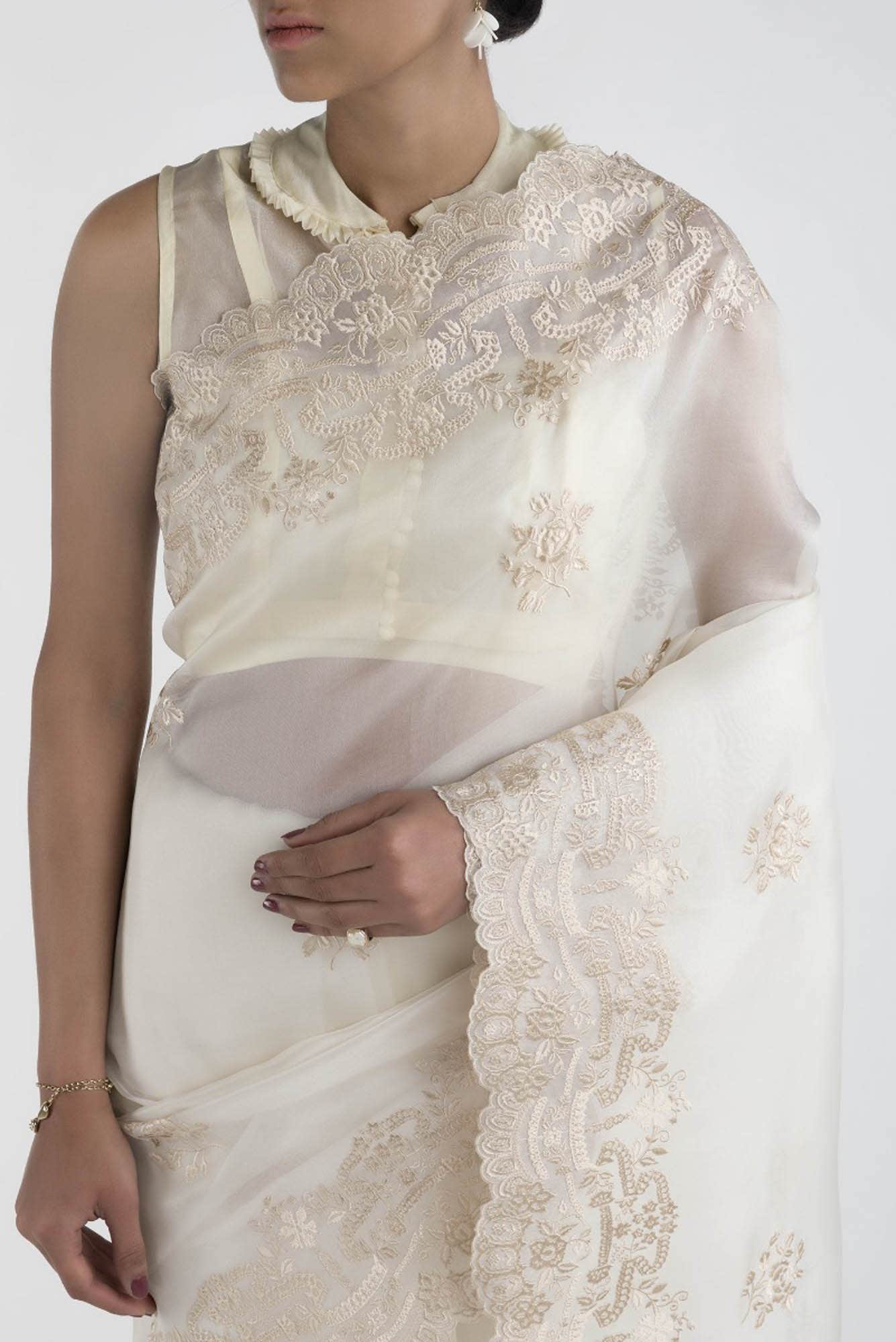 Romance of the Roses Cream floral design saree from Embroidered Romance Collection by Nalli - Image 2