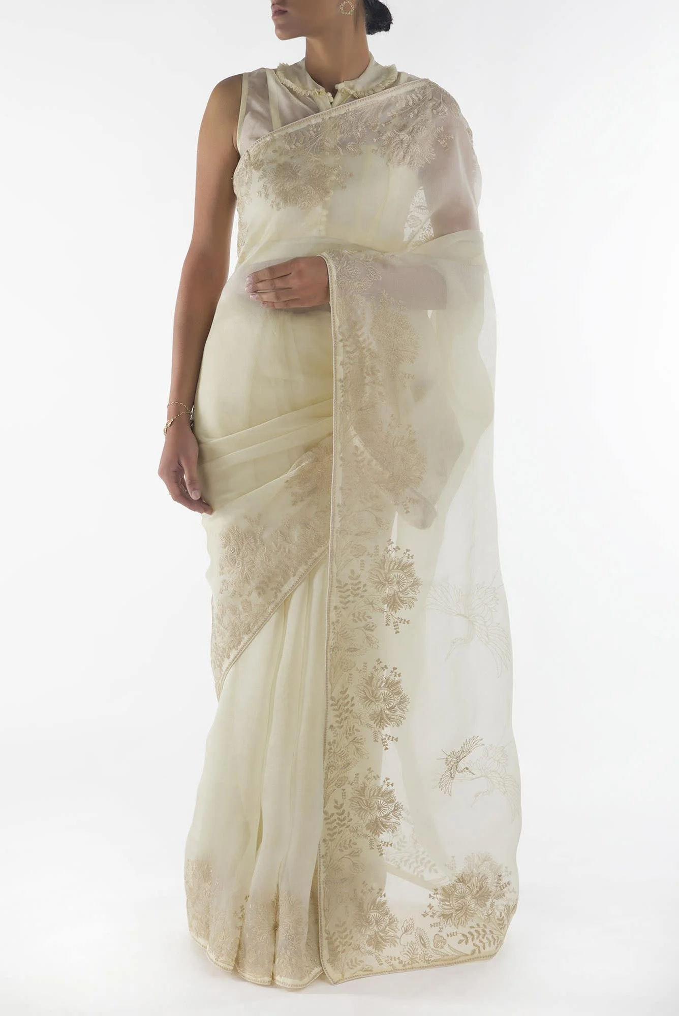 Asteracea Cream floral design saree from Embroidered Romance Collection by Nalli