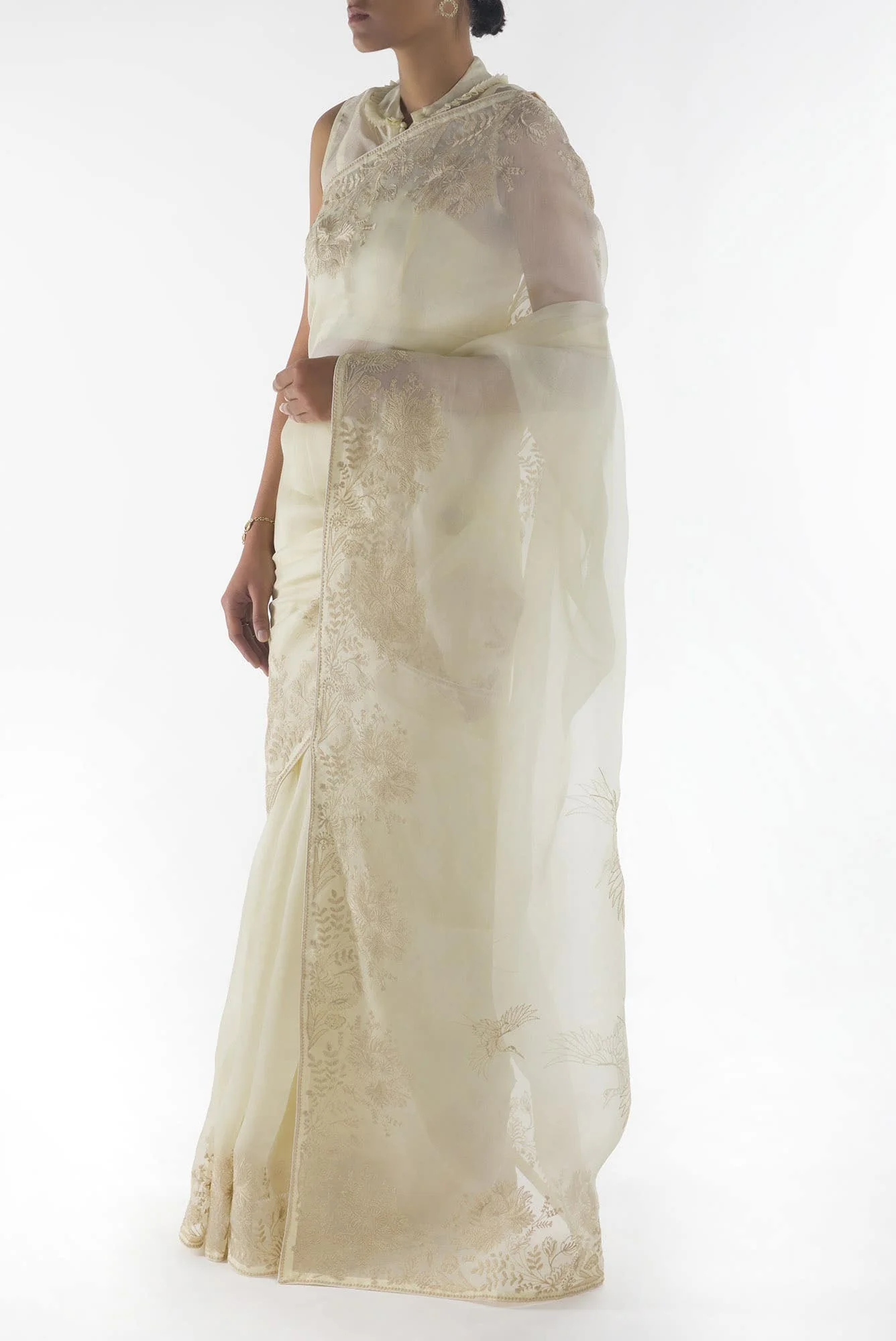 Asteracea Cream floral design saree from Embroidered Romance Collection by Nalli - Image 3