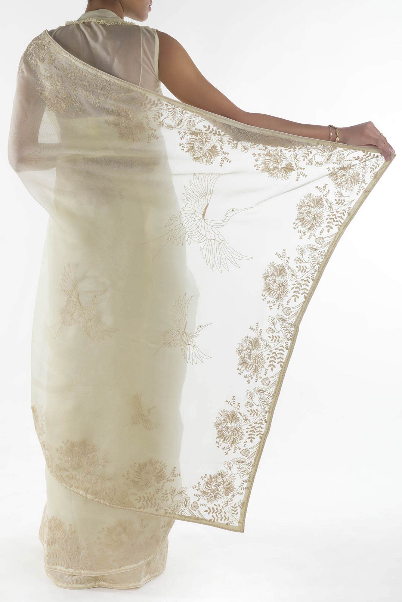 Asteracea Cream floral design saree from Embroidered Romance Collection by Nalli - Image 4