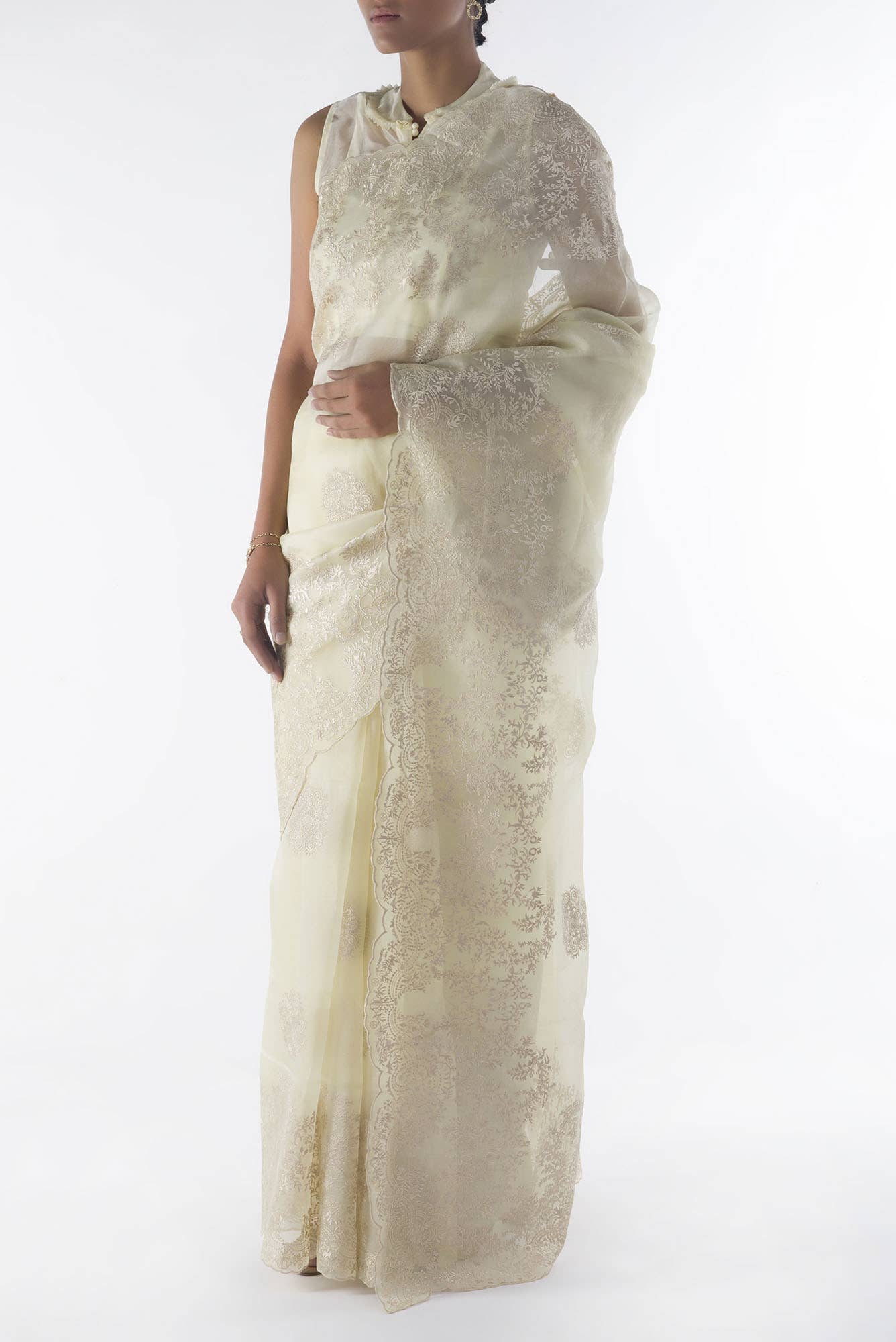 Garden of Eden Cream floral design saree from Embroidered Romance Collection by Nalli - Image 3