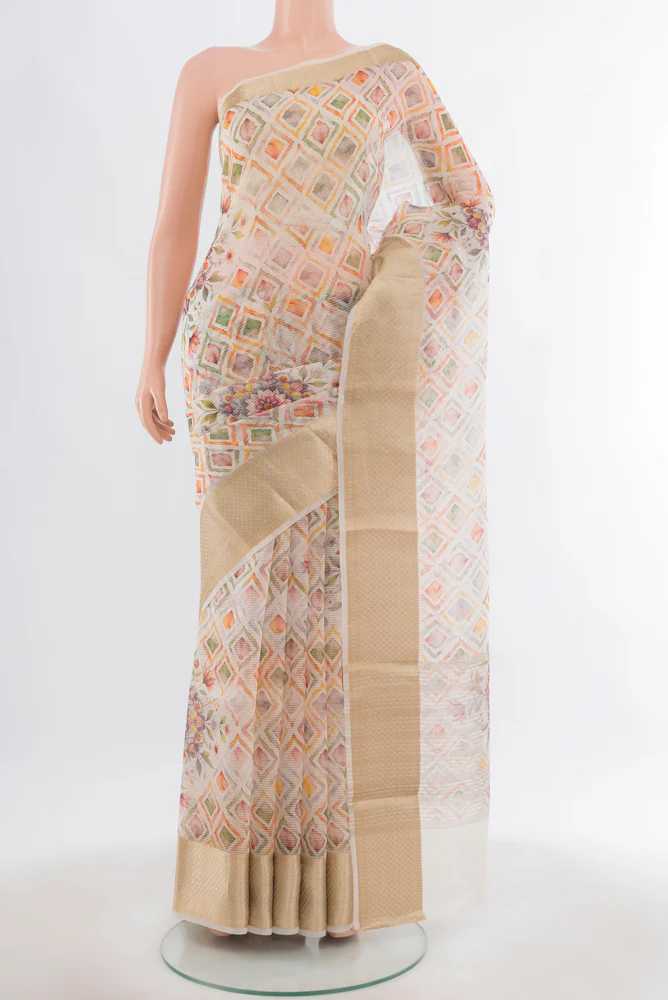 Cream Organza Silk Saree