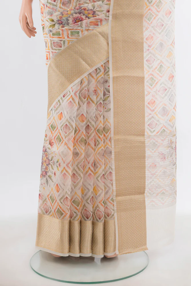Cream Organza Silk Saree - Image 3