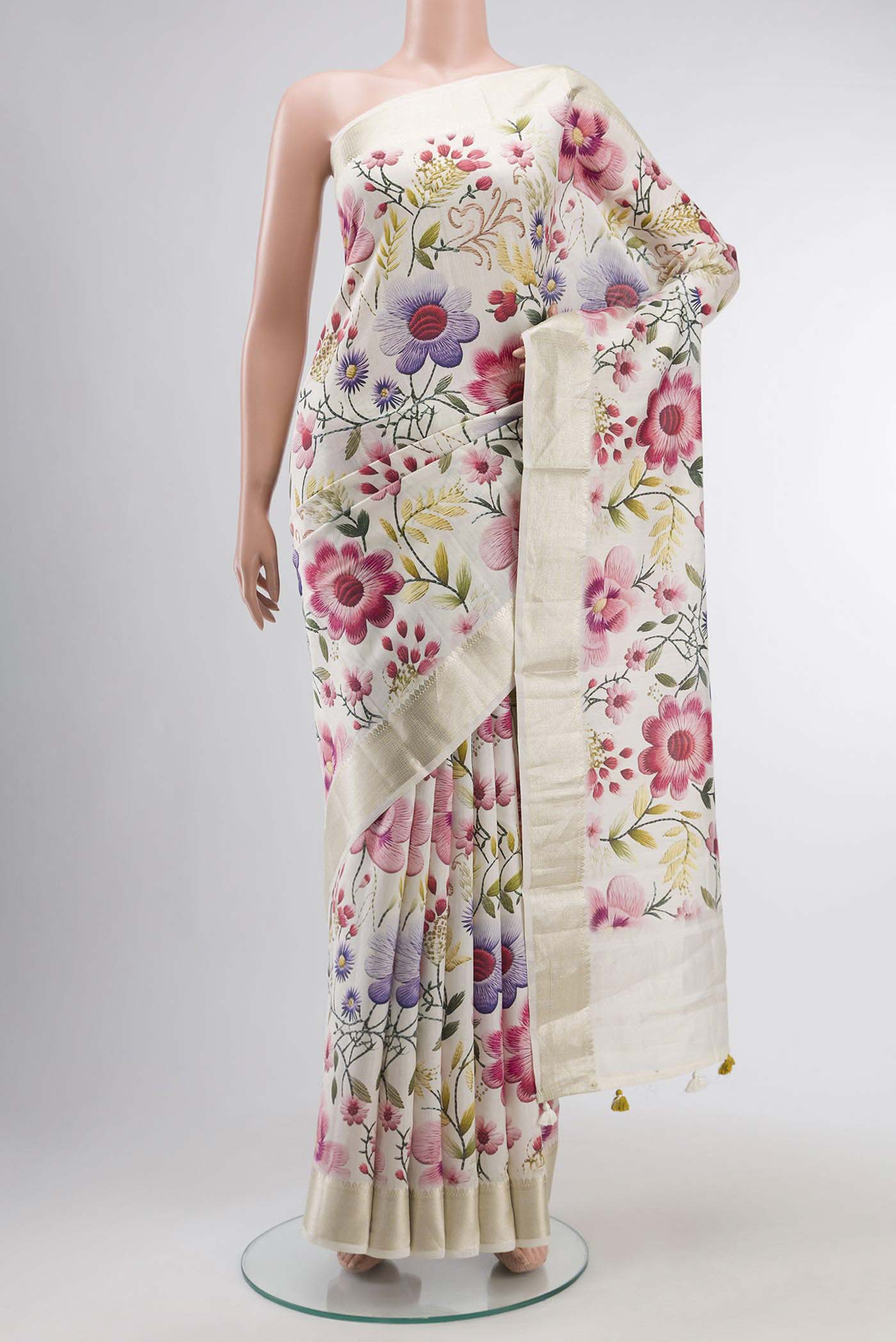 Cream Tussar Silk Saree