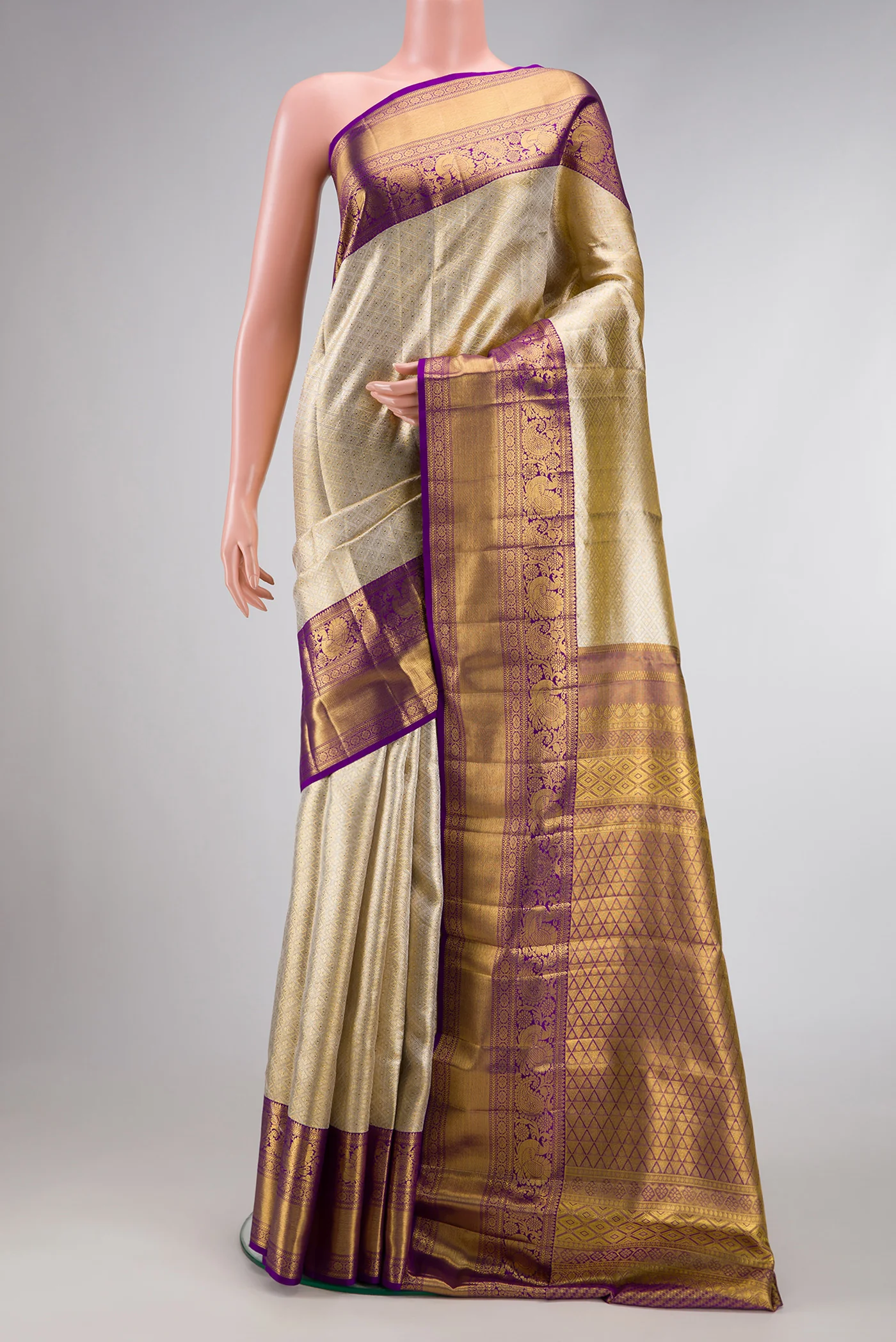 Cream with Gold Color Kanjivaram Tissue Silk Saree