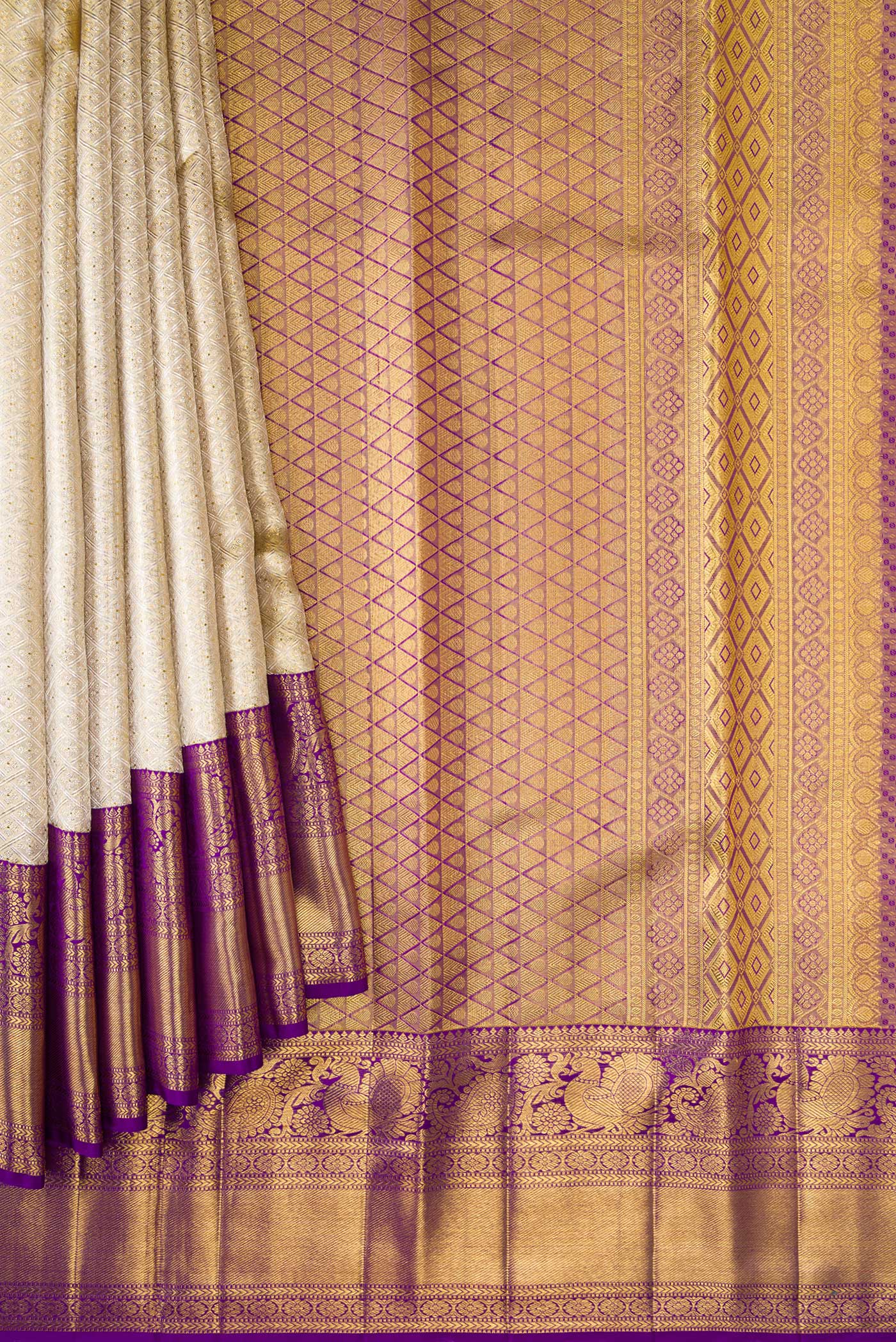 Cream with Gold Color Kanjivaram Tissue Silk Saree - Image 4