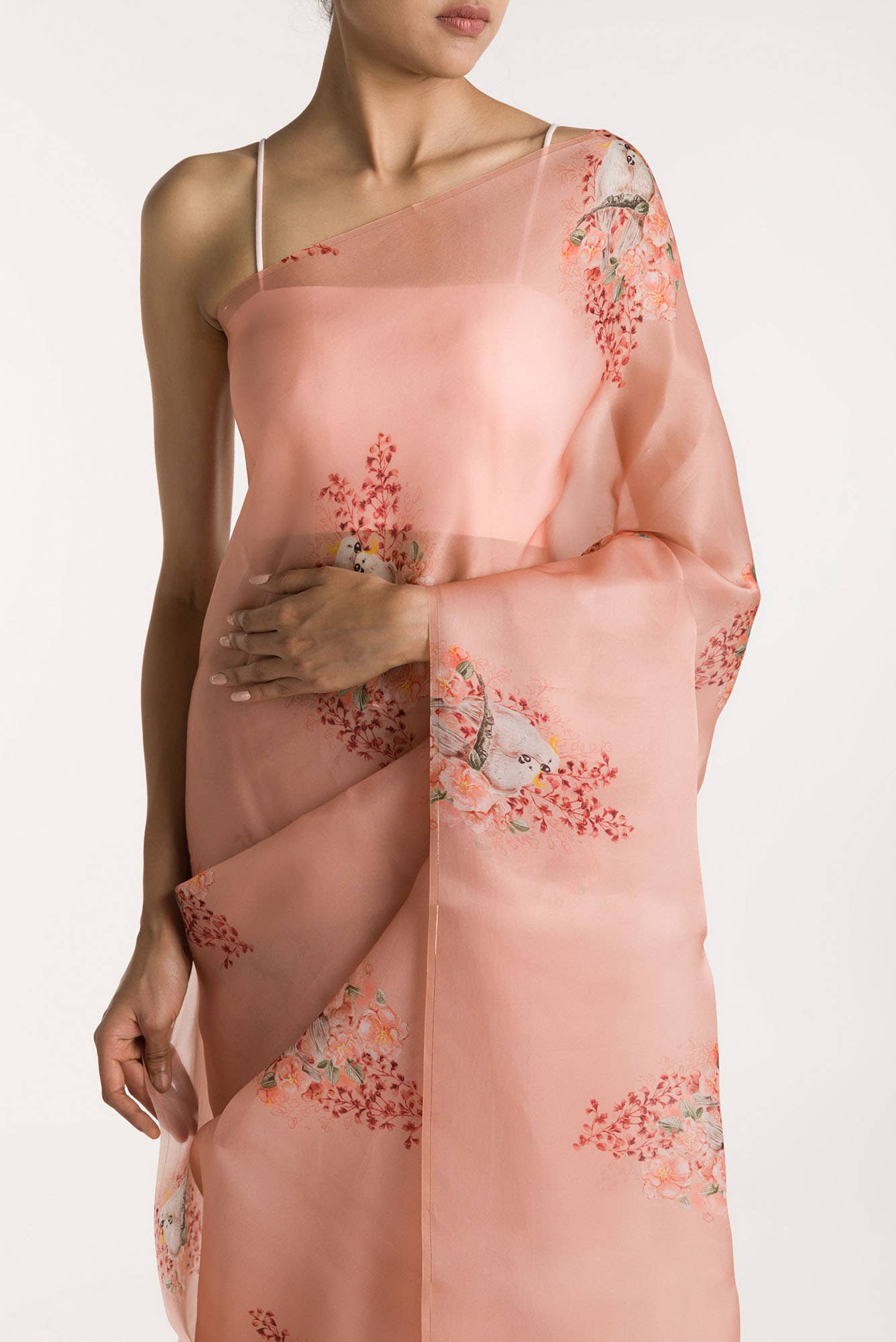 Crowned Cockatoo Peach Satin Organza Saree - Image 2