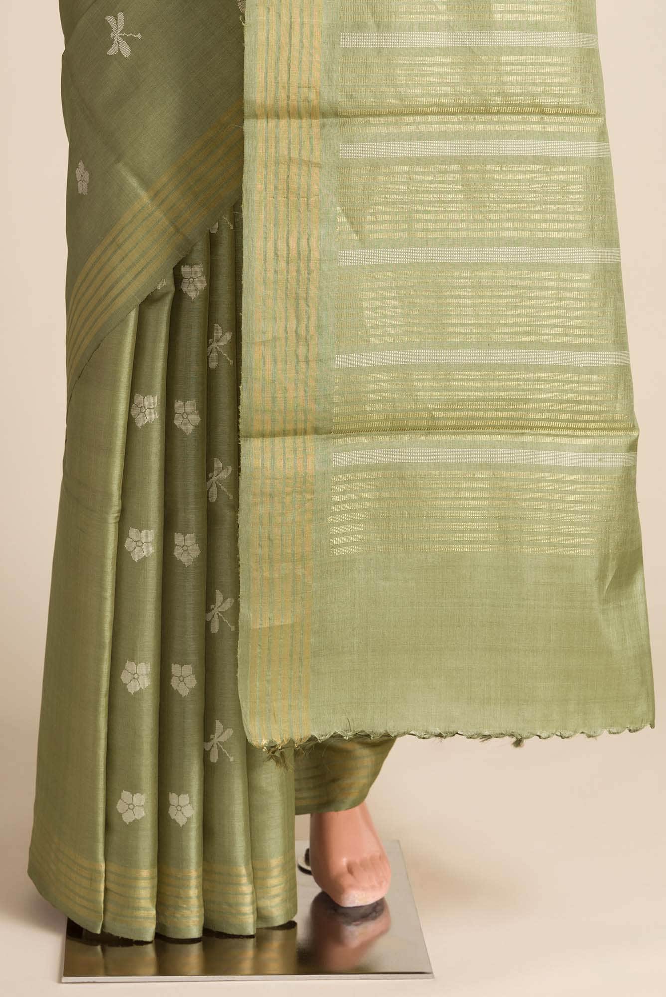 Dance of Dragonfly-Green Bhagalpuri Tussar Silk Saree - Image 3