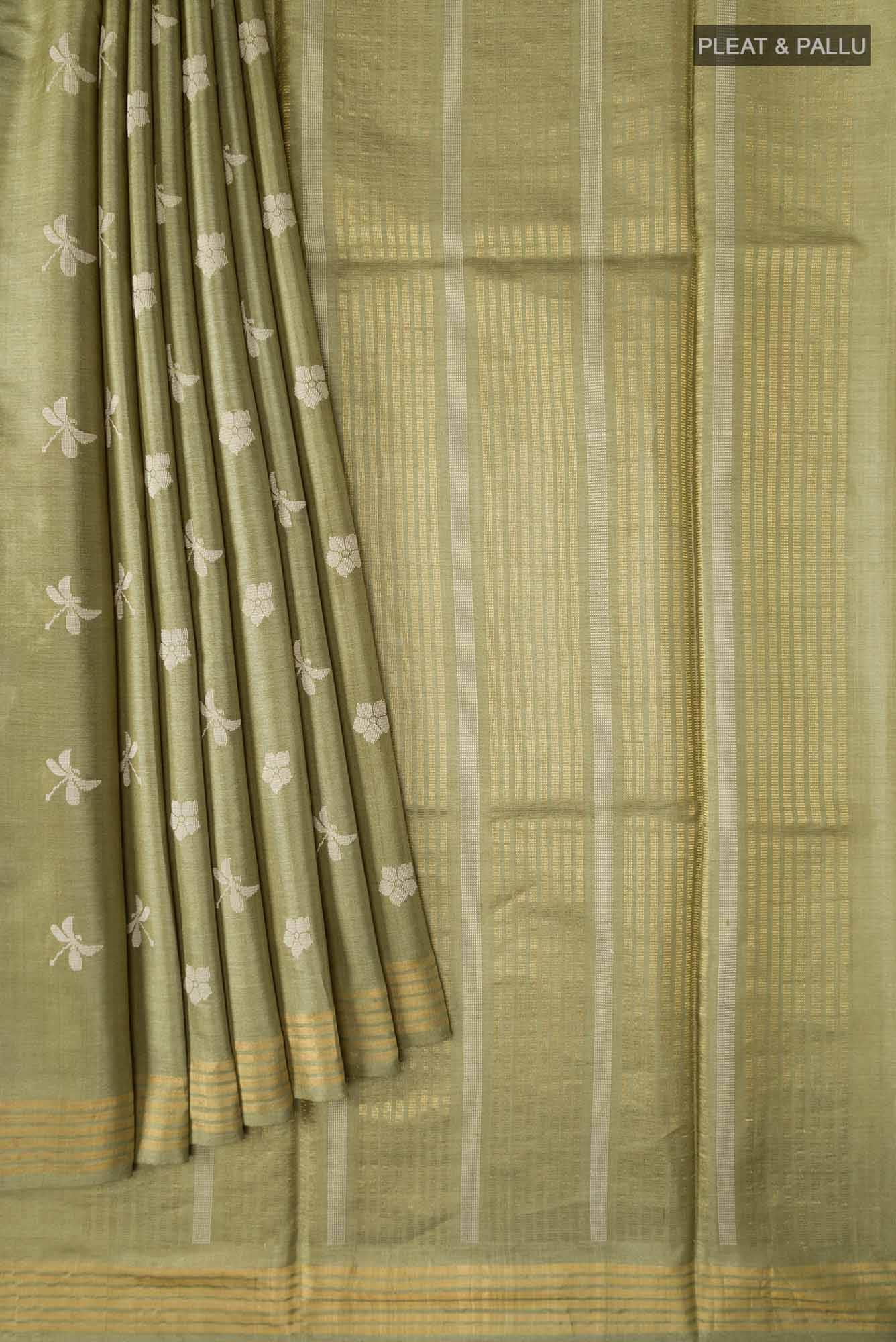 Dance of Dragonfly-Green Bhagalpuri Tussar Silk Saree - Image 6