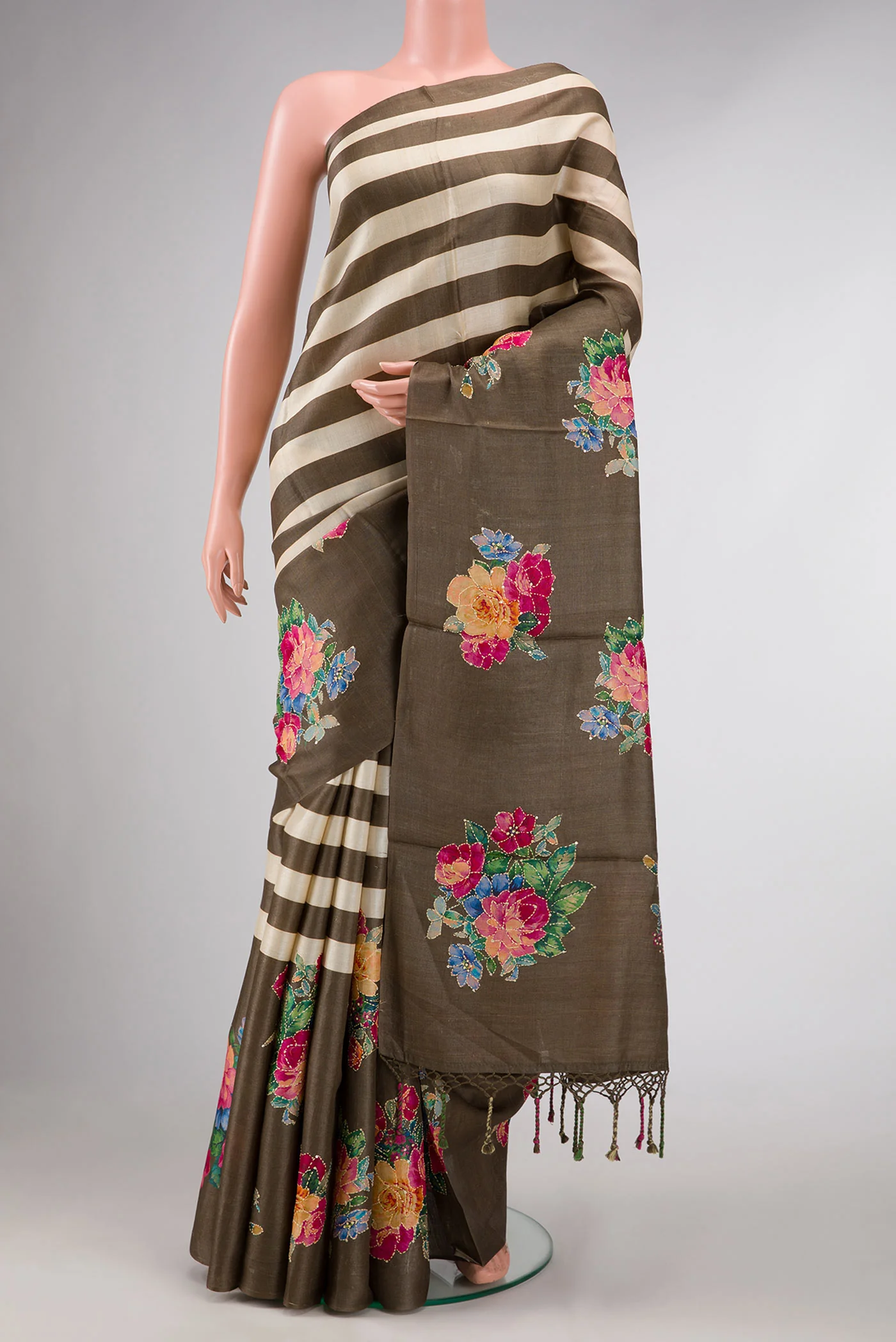 Dark Beige and Sandal Color Tussar Silk Saree