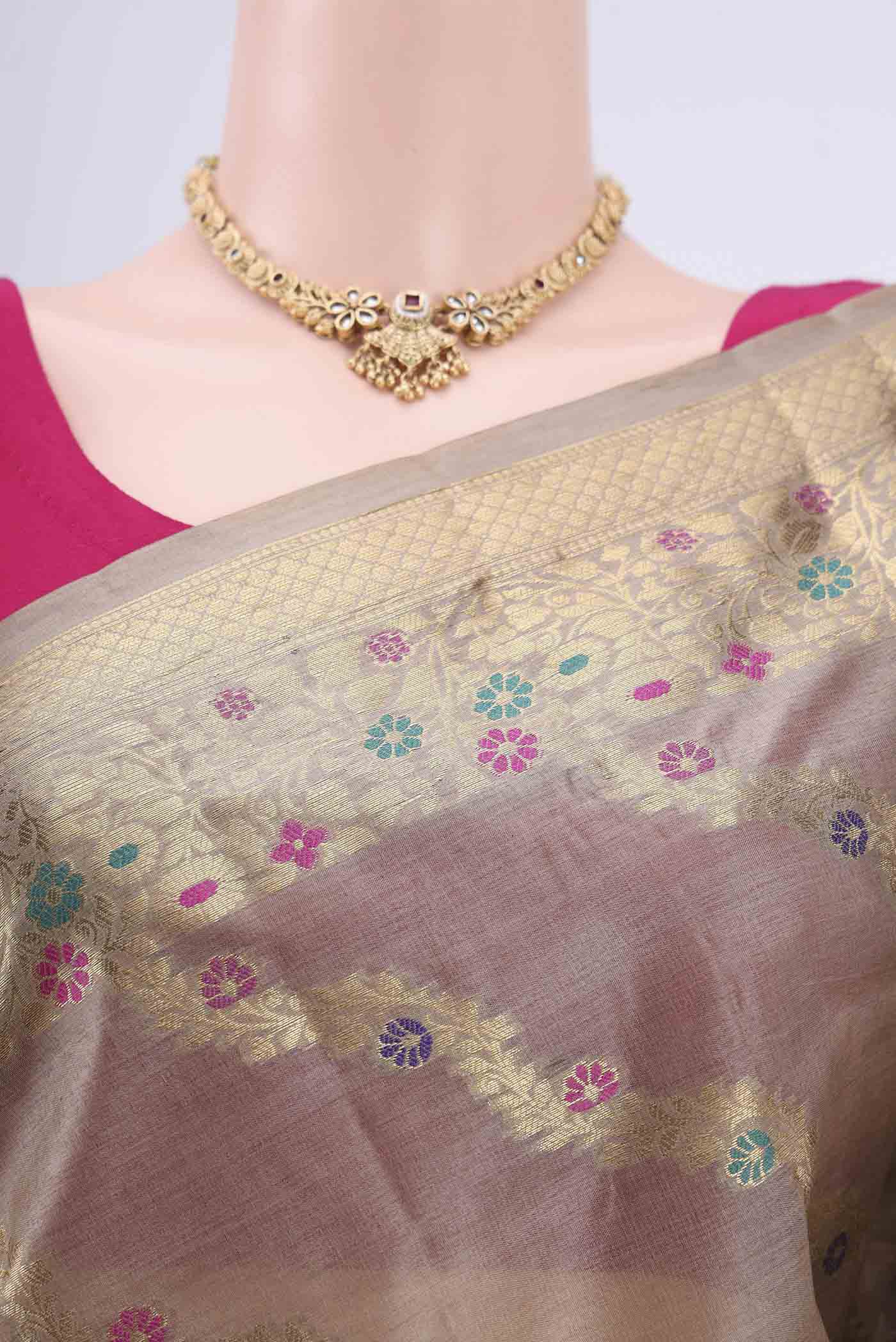Dark Beige Banarasi Tussar Silk Saree - Image 2