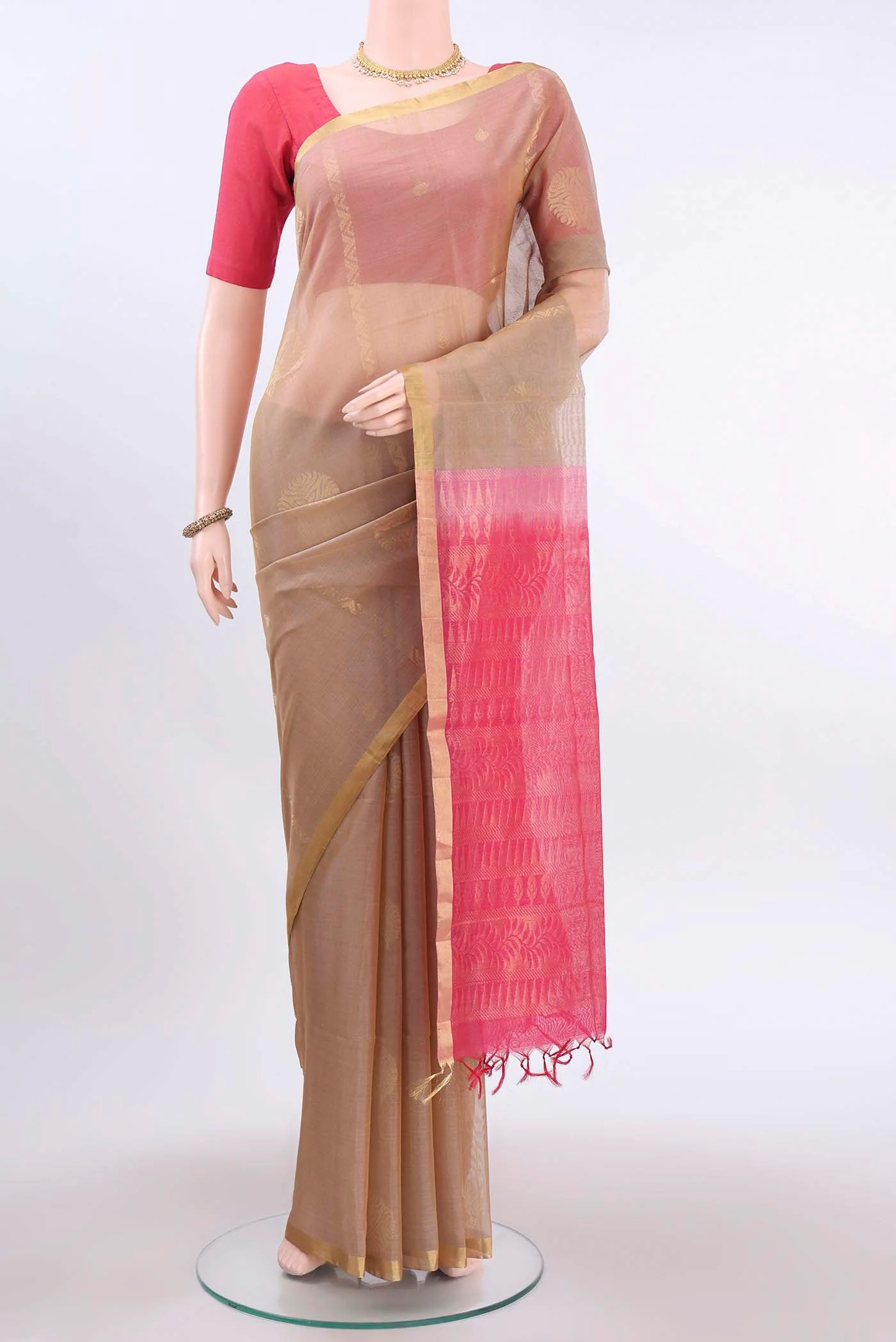 Dark Beige Kora Cotton Saree