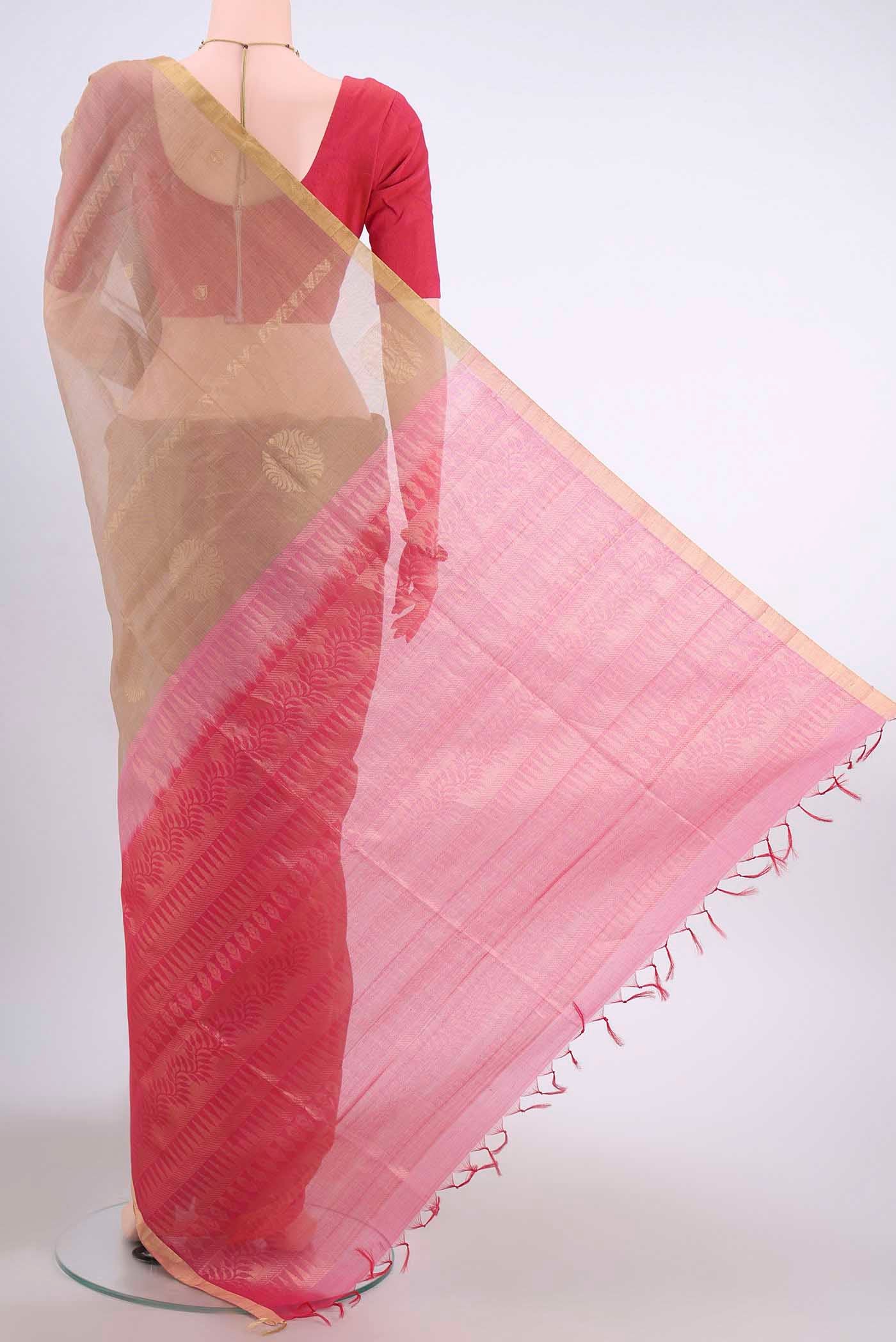 Dark Beige Kora Cotton Saree - Image 3