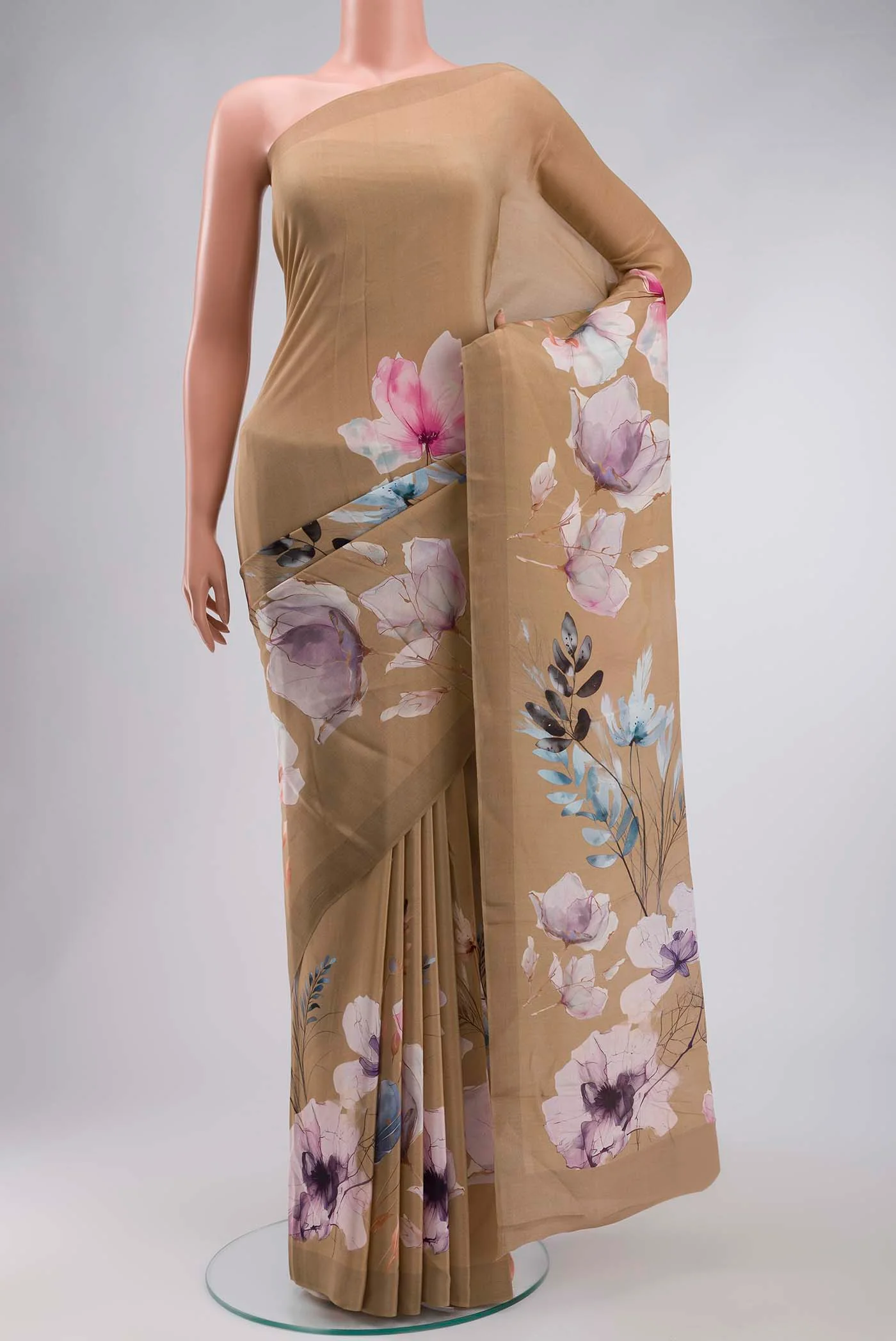 Dark Beige Mysore Crepe Saree