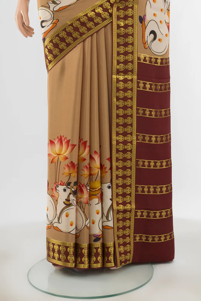 Beige Mysore Crepe Saree - Image 3