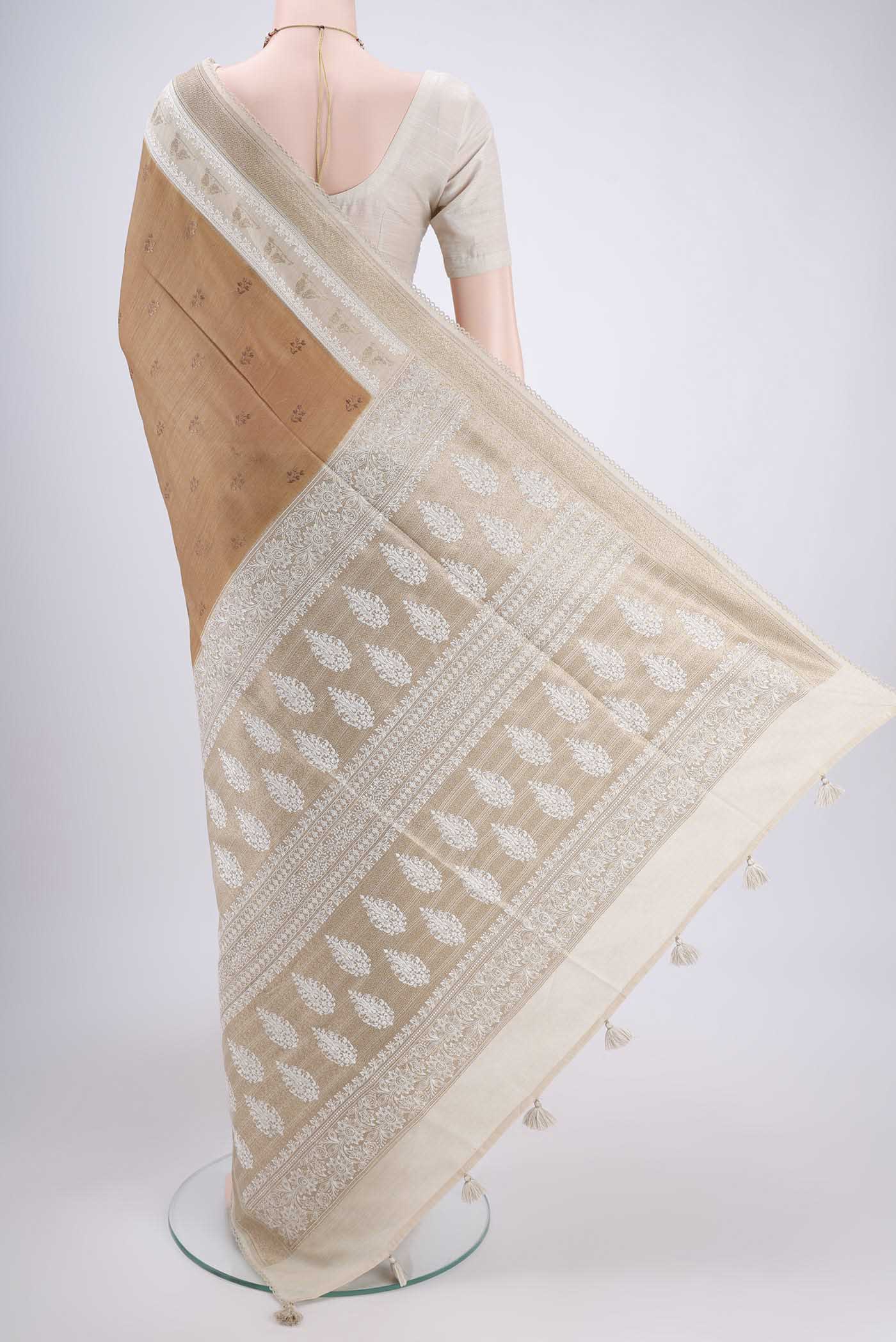 Dark Beige Tussar Silk Saree - Image 3