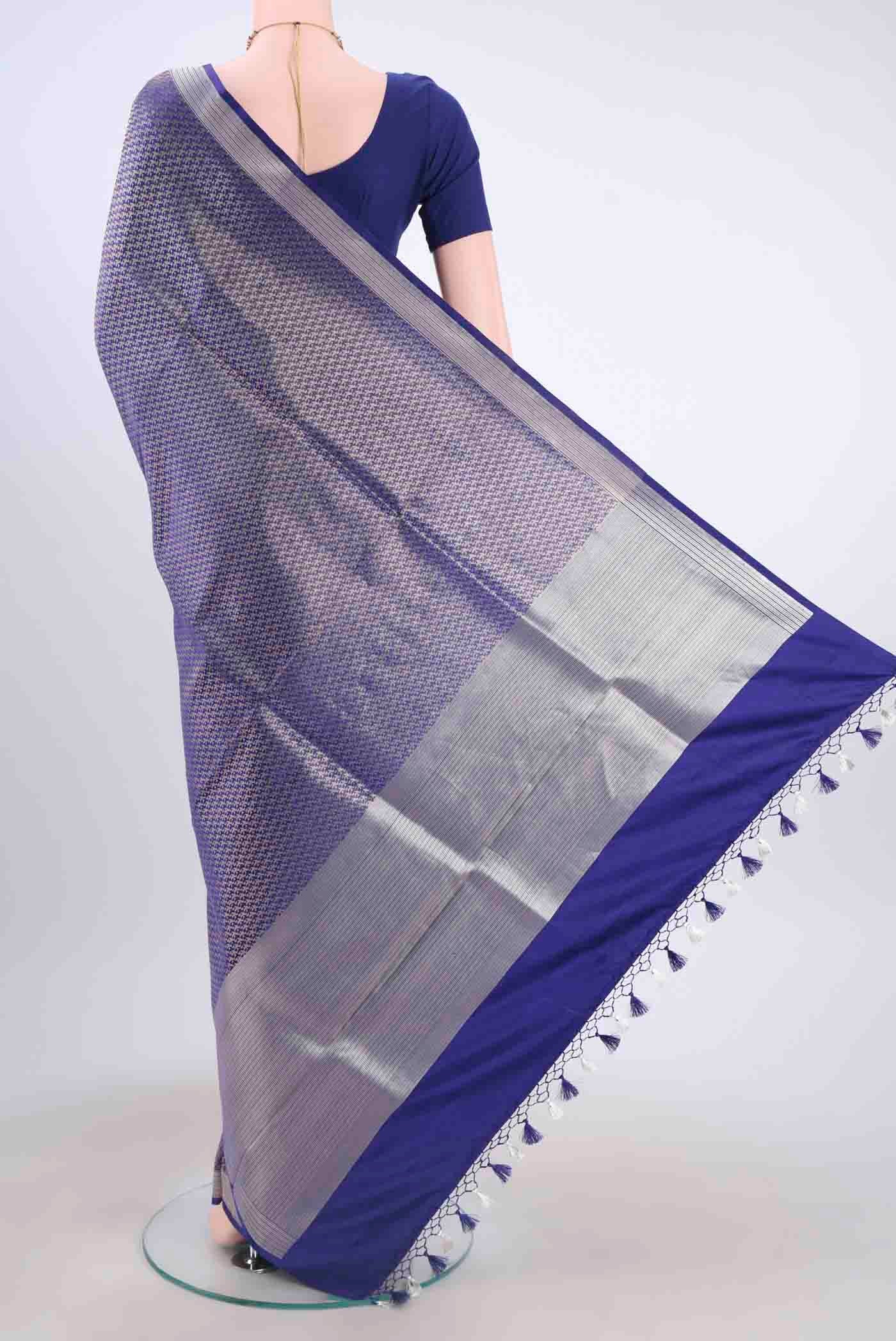 Dark Blue Dual Tone Banarasi Silk Saree - Image 3