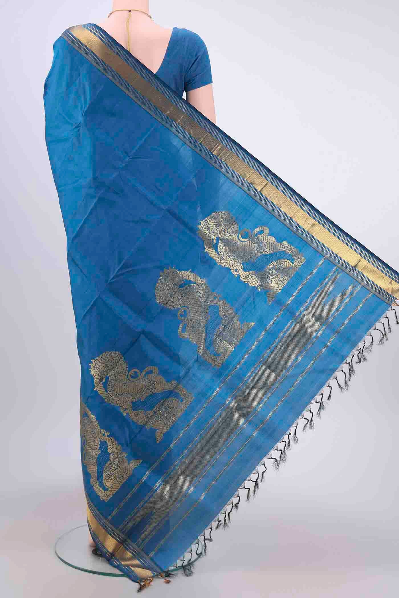 Dark Blue Dual Tone Kanchipuram Silk Saree - Image 3