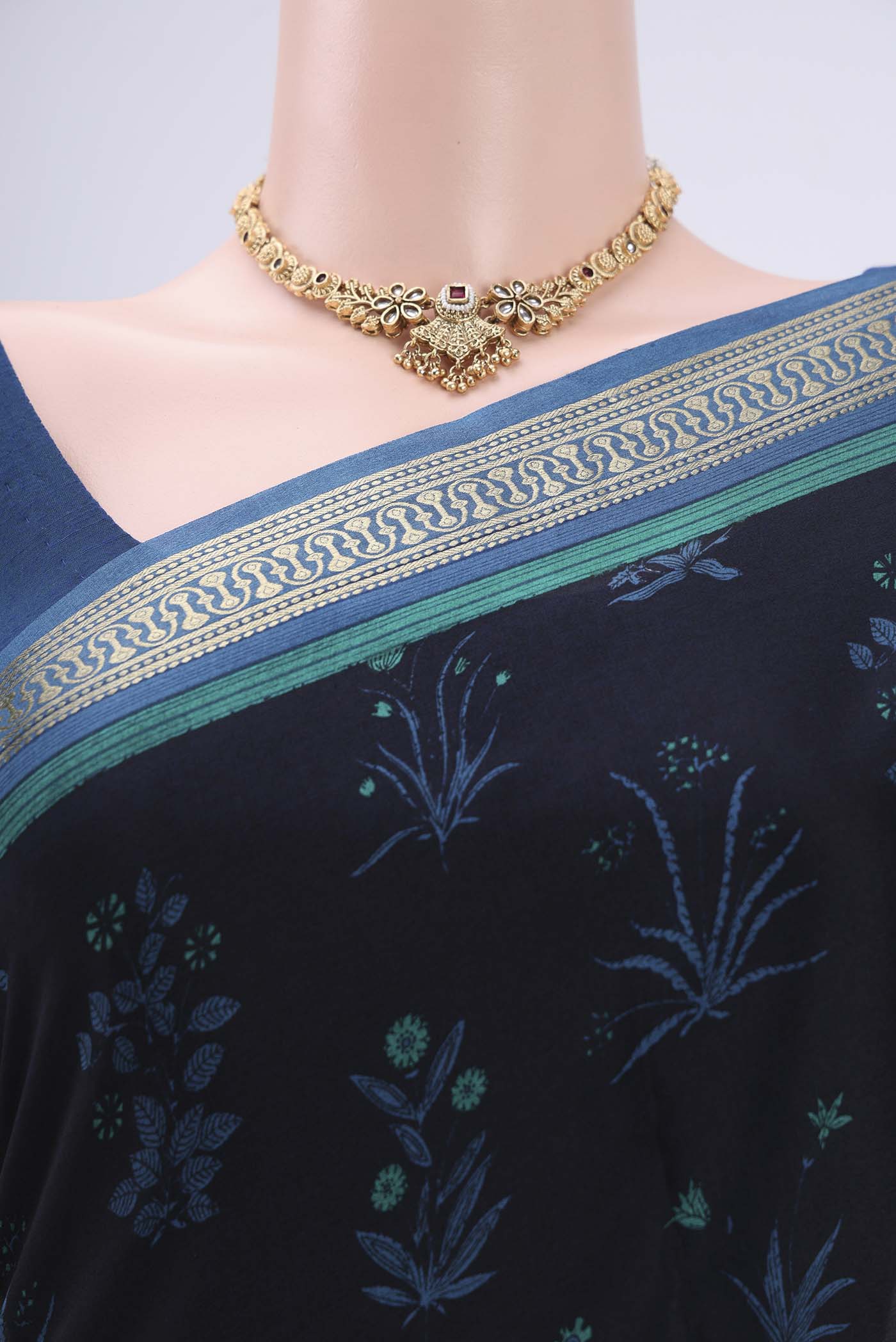 Navy Blue Mysore Crepe Saree - Image 2