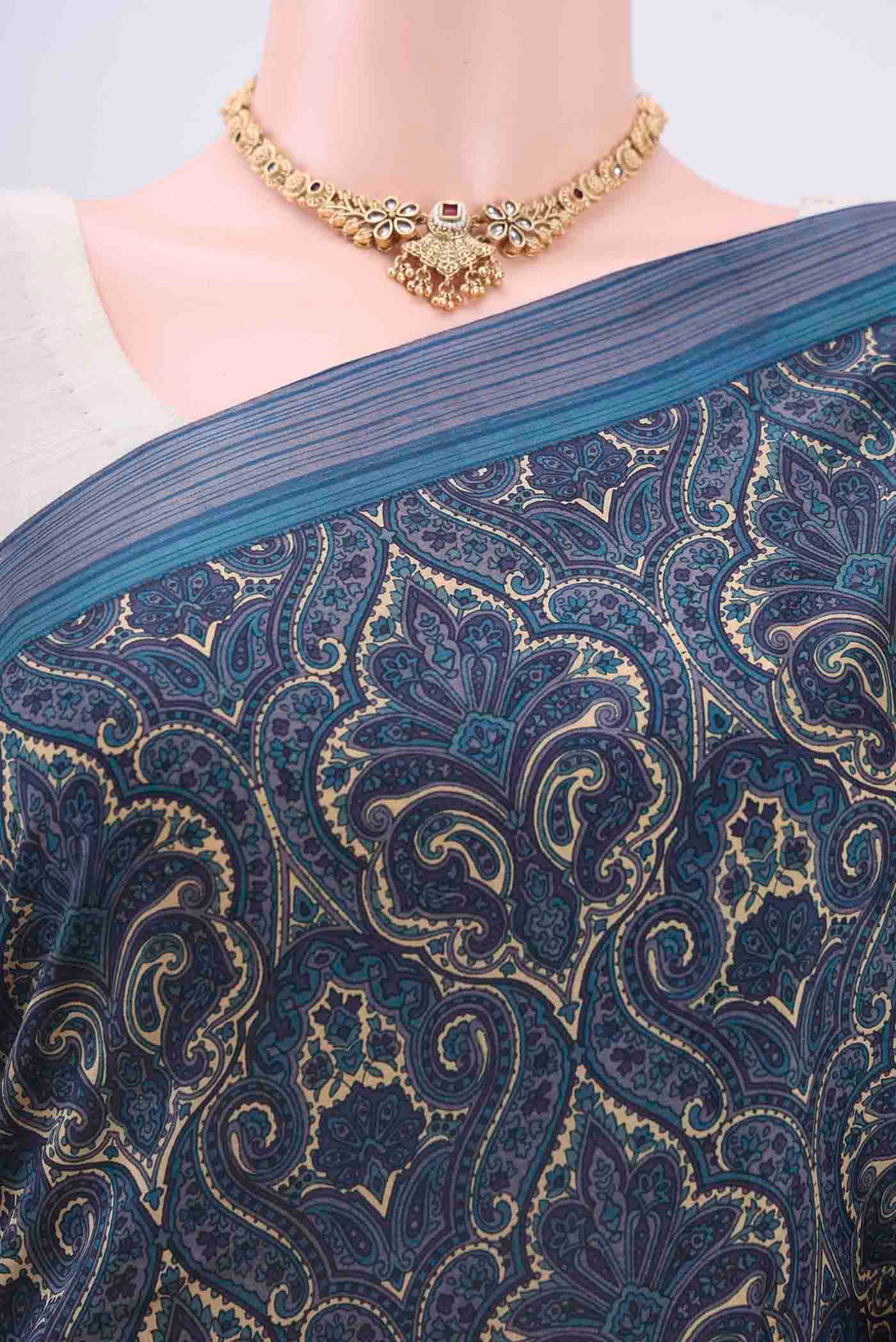 Dark Blue Printed Silk Saree - Image 2
