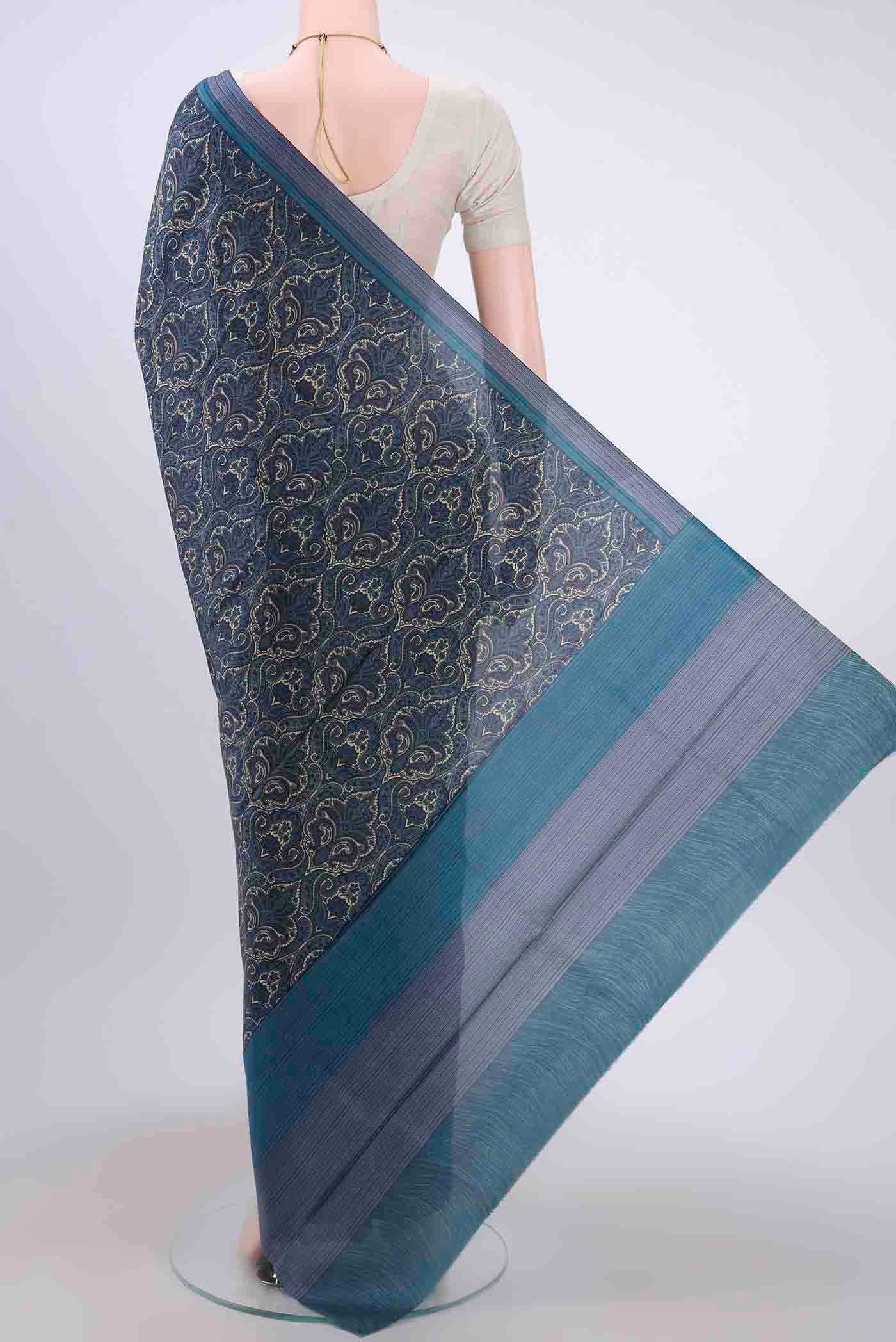 Dark Blue Printed Silk Saree - Image 3