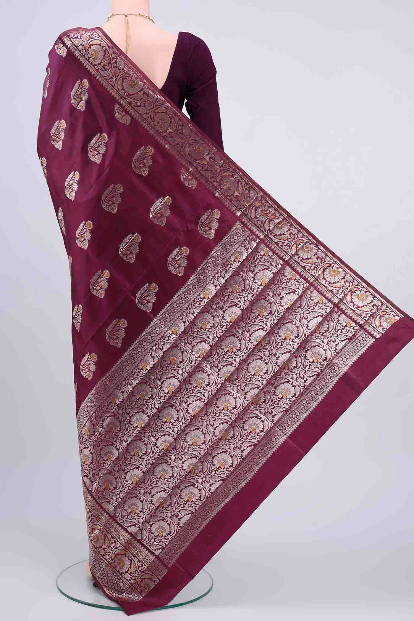 Burgundy Banarasi Raw Silk Saree - Image 3