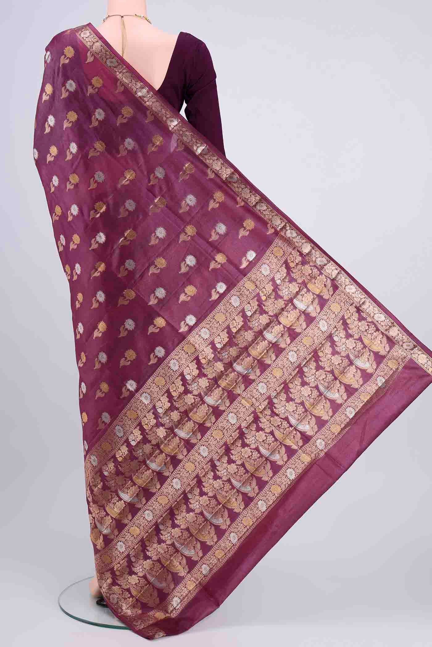 Dark Mauve Banarasi Tussar Silk Saree - Image 3