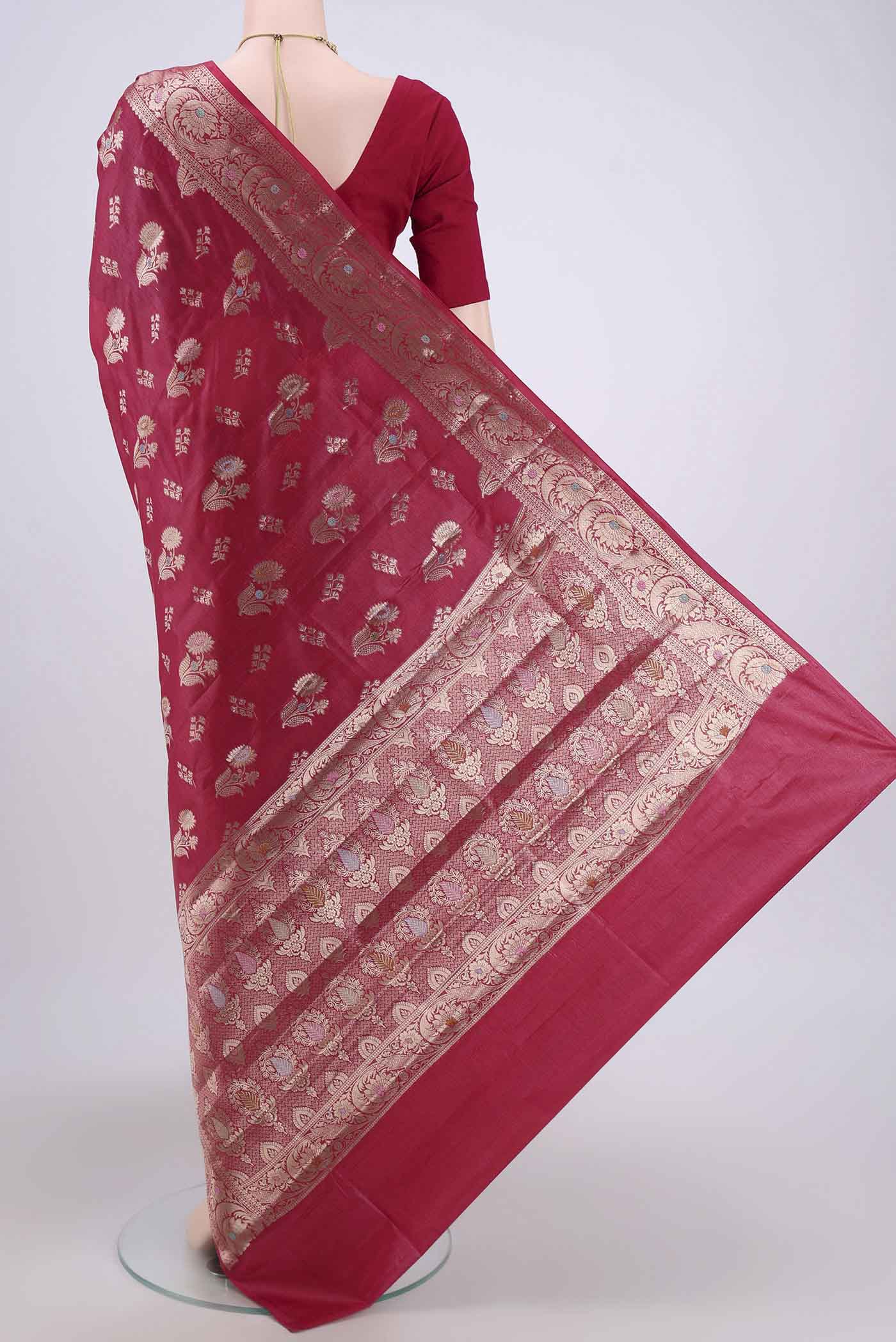 Dark Pink Banarasi Tussar Silk Saree - Image 3
