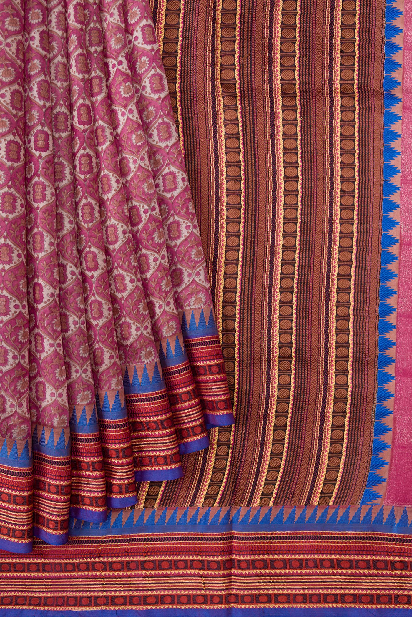 Dark Pink Tussar Silk Saree - Image 4
