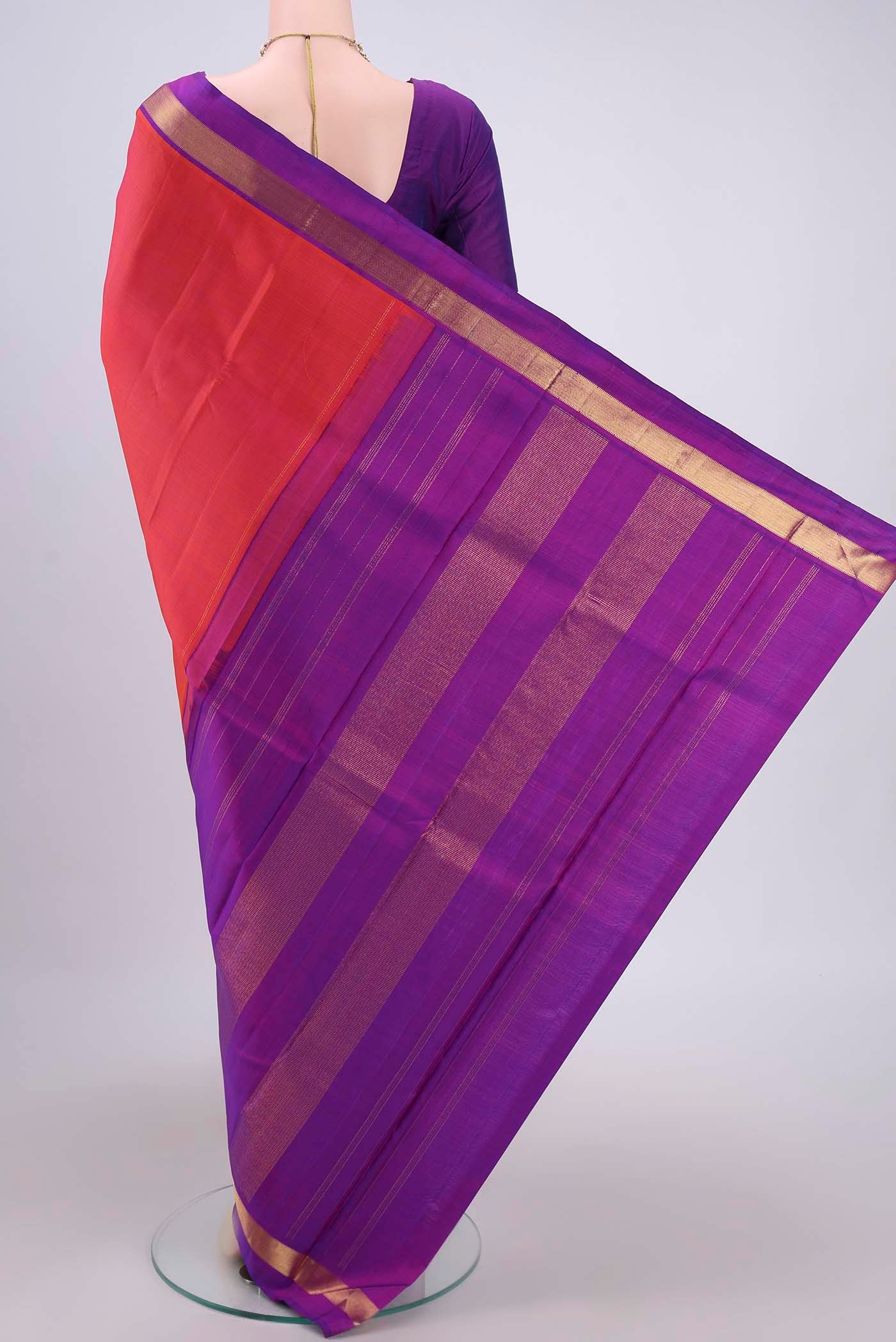 Orange with Pink Color Kanjivaram Silk Saree - Image 3