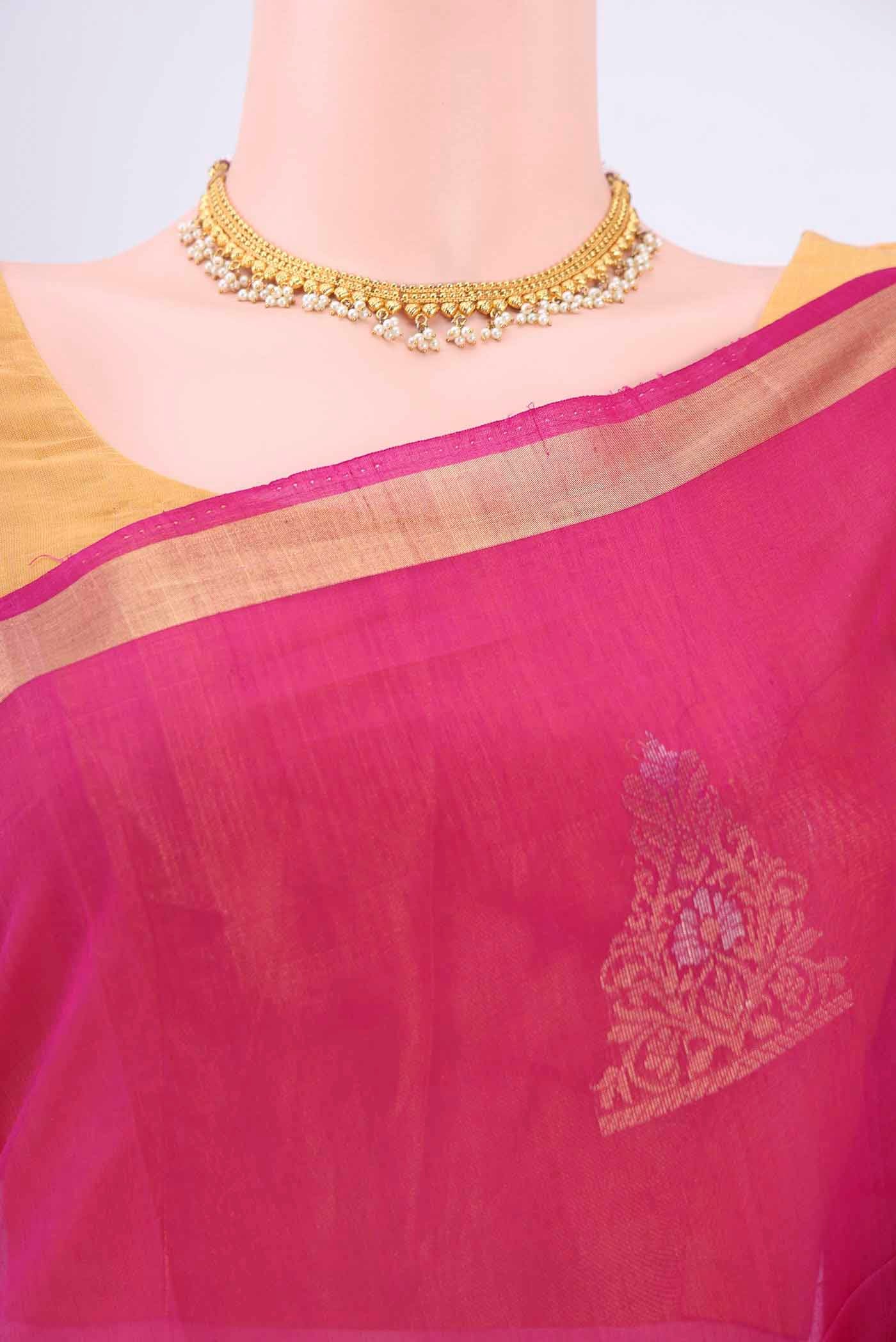 Dark Pink Kora Cotton Saree - Image 2