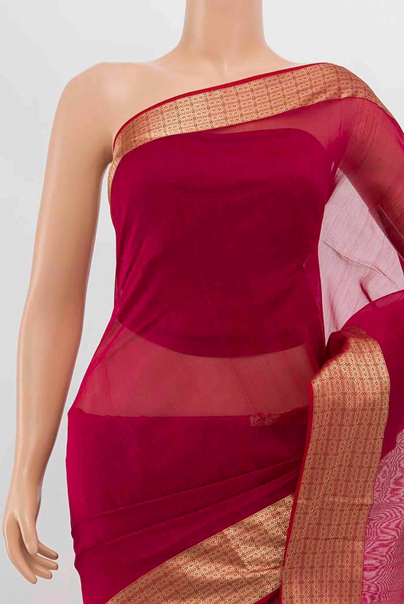 Dark Pink Maheshwari Silk Cotton Saree - Image 2