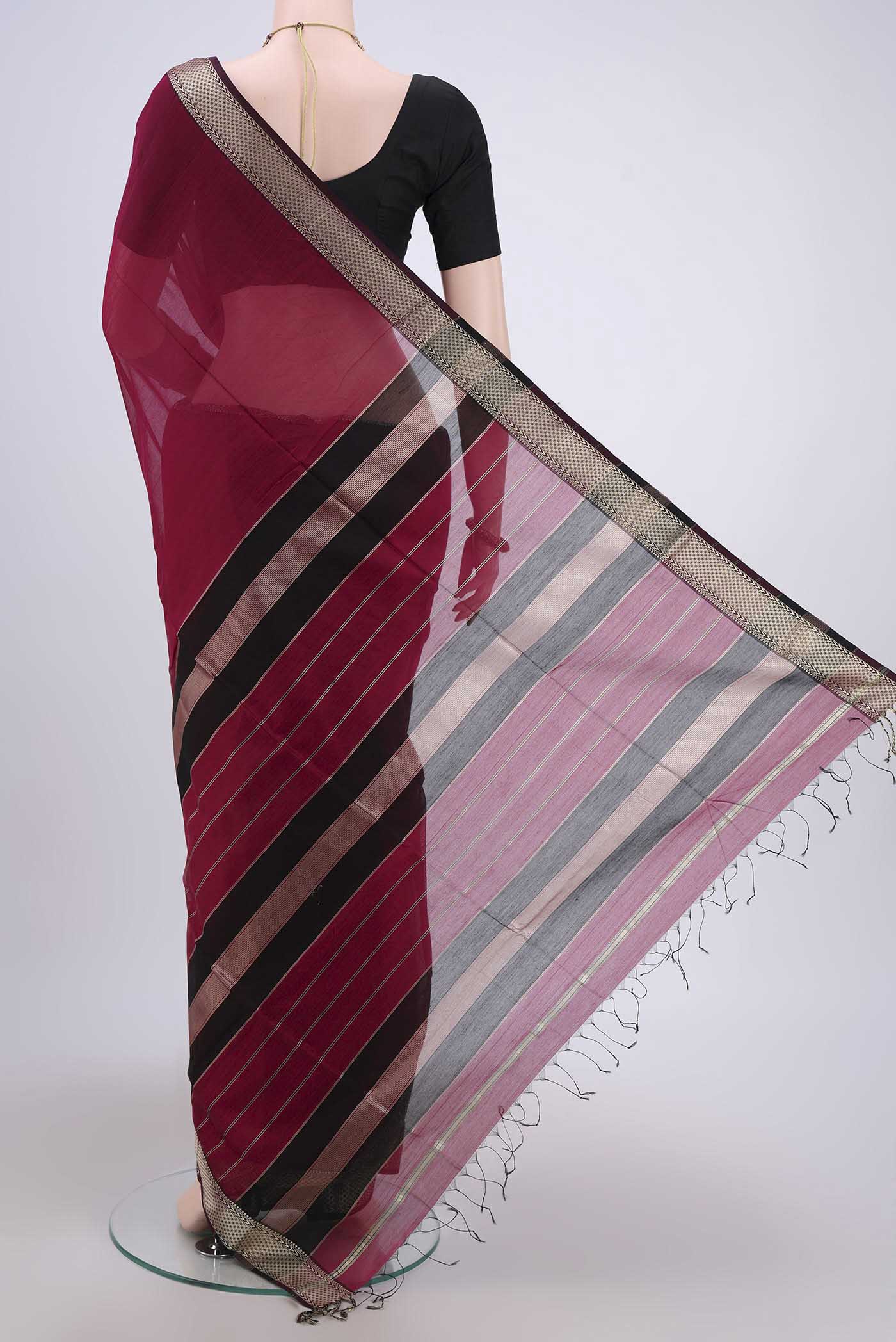 Magenta Maheshwari Silk Cotton Saree - Image 3